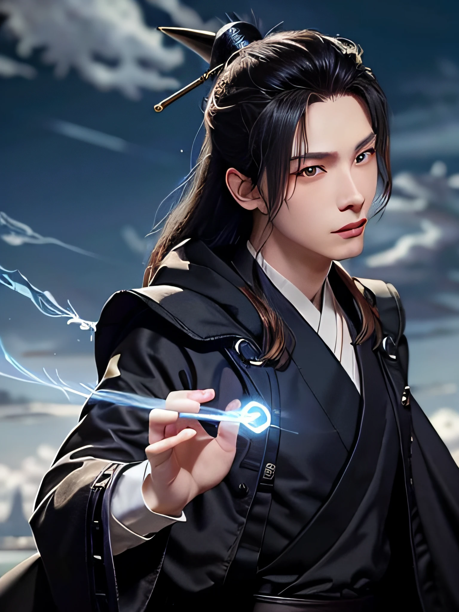 (Positive Focus), (In the Dark), (Best Quality), (Realisticity: 1), Realistic Skin Texture, Highly Detailed, 8k Wallpaper, A Boy, White Hanfu, Black Ponytail Long Hair, Black Hair, Delicate Eye Portrait, Handsome, Fairy Fluttering, Black Taoist Robe, Antique Style, Mist, Clouds Wrapped Around the Mission, Wide Robe with Big Sleeves, Dynamic Pose, Dramatic Composition, Flying Hair, Holding Spells, Rune Emitting Blue Light, Yellow Rune Flying, Red Text on Rune Paper, Ancient Chinese Architecture Background, Clouds and Mist Entanglement, fairy background, clouds and mist, Taoist nature, Chinese Taoist,