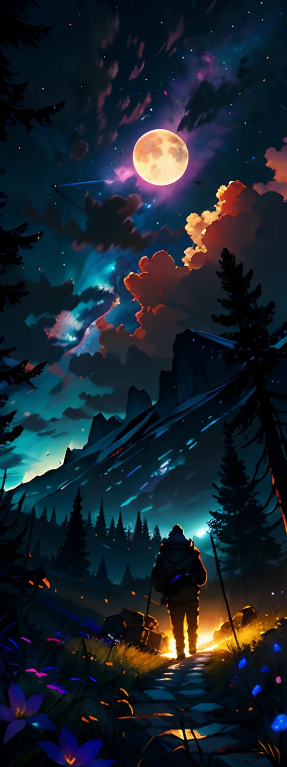 Vast landscape photos, (from below, the sky above, open fields below), a boy standing on a flower field looking up, (Full Moon: 1.2), (Meteor: 0.9), (Nebula: 1.3), Distant Mountains, Trees BREAK Making Art, (Warm Light Source: 1.2), (Firefly: 1.2), Lamps, Lots of Purple and Orange, Intricate Details, Volumetric Lighting BREAK (Masterpiece: 1.2), (Best Quality), 4K, Ultra Detailed, (Dynamic Composition: 1.4), Detailed, Colorful, (Iridescent: 1.2), (Glow, Atmospheric Lighting), Dreamy, Fantastic, (Solo: 1.2)