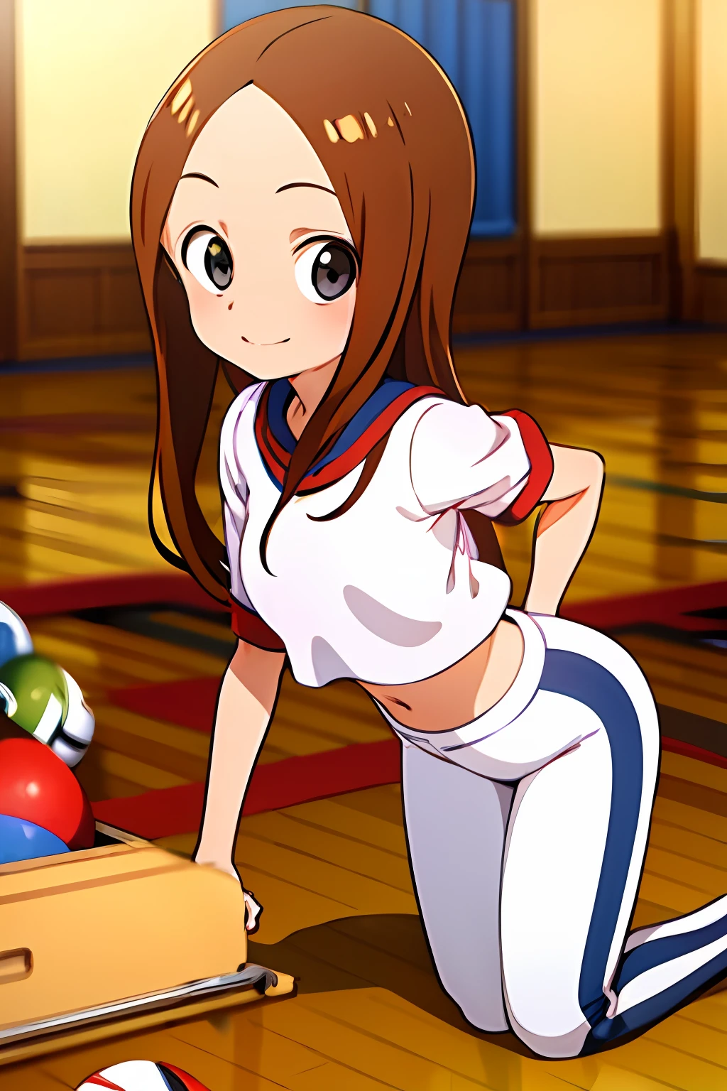 Takagi 1 Girl、hightquality、White crop top、midriff-baring、White leggings、rather large breasts、Kneeling、Background is a gym、Indoor lighting light