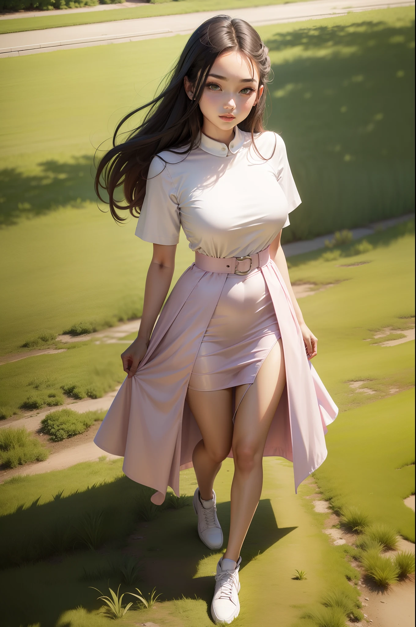 Full body like,Refined face,18-year-old girl,Slim body,Larger bust,whitet-shirt,Open waist pink dress,Grass scene,Stand tall