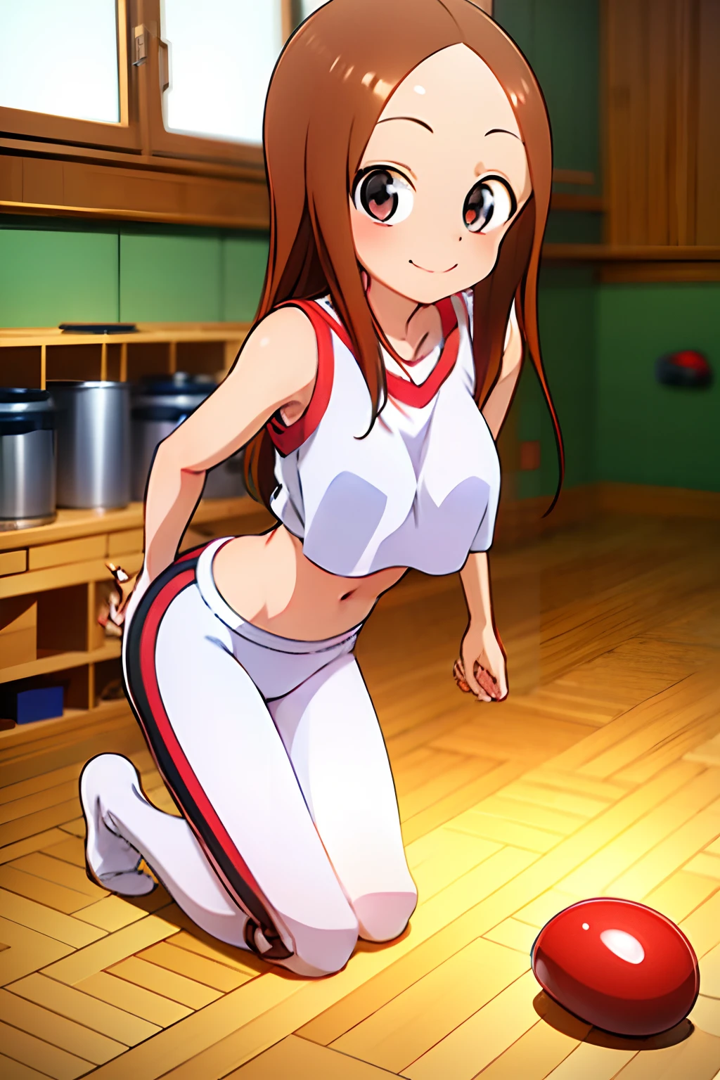 Takagi 1 Girl、hightquality、White crop top、midriff-baring、White leggings、rather large breasts、Kneeling、Background is a gym、Indoor lighting light