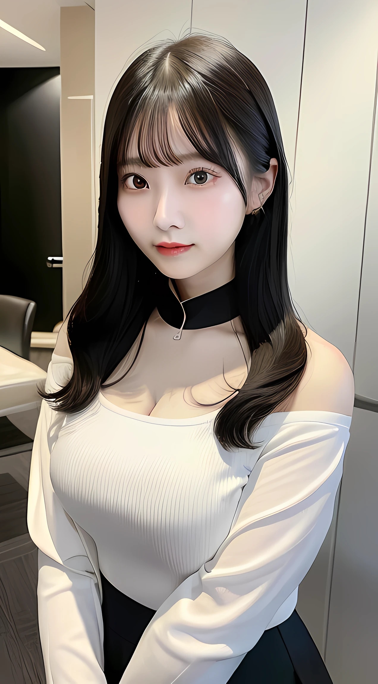 Chinese young woman，Delicate facial features，真实感：1:4，Off-shoulder white shirt，Black tight skirt，Black collar，Faded gray hair，gigantic cleavage breasts：1.2