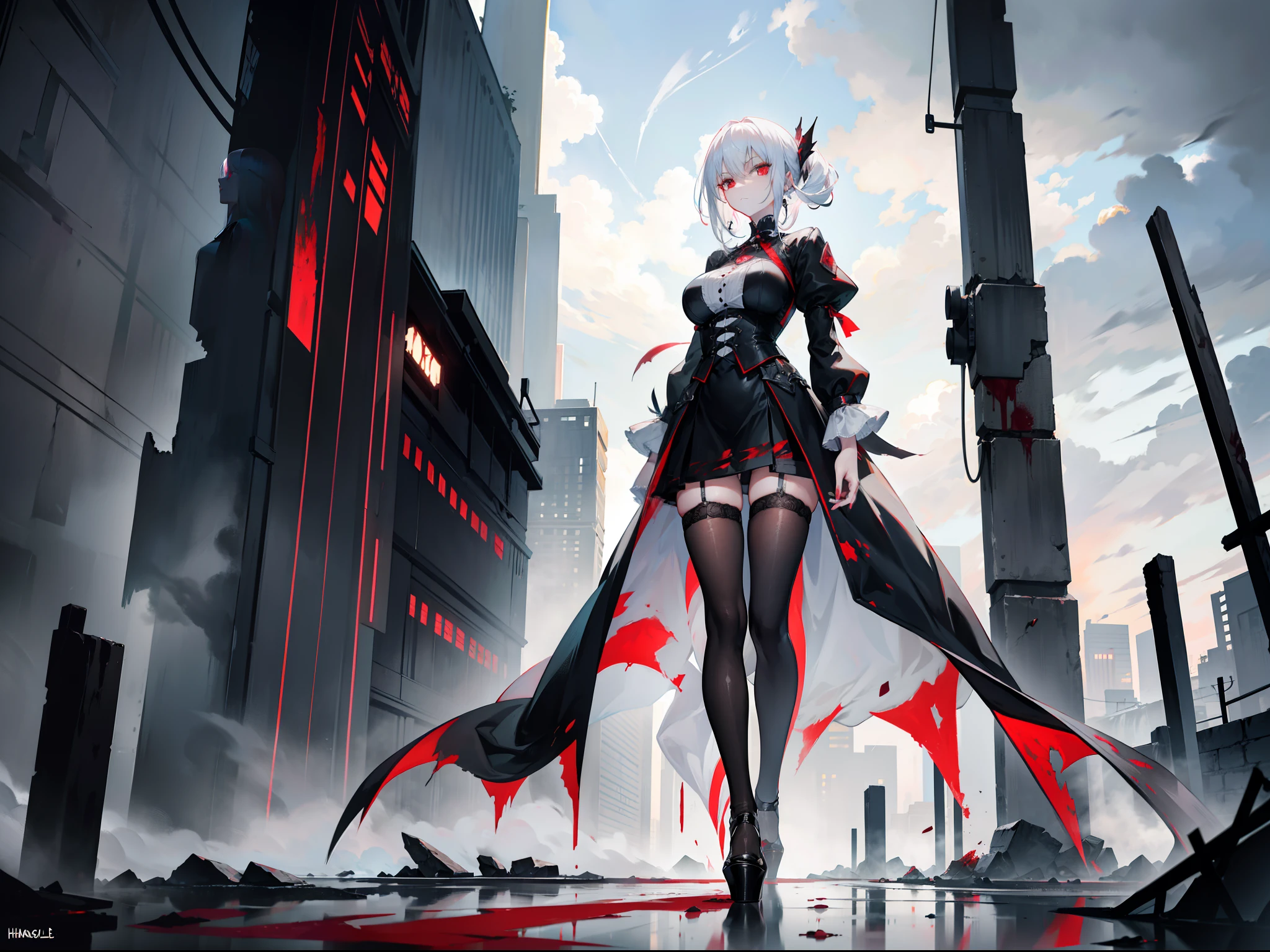 Beautiful girl with white hair，Extremely tall，Extremely thin，Poor milk，Wearing a black dress，Extremely high heels，Master the power of hurricanes，Stand in front of a tornado，Fly in a wonderland of great storms，The figure is extremely tall and slender，The skirt of the dress was blown up by the hurricane，Extremely high heels，Surrounded by hurricanes，The background is a ruined city，Wear black stockings，Blood-stained sword in hand，Be covered in blood，The white hair was stained with red blood，The expression is sinister，Perverted，Murderer，terroral