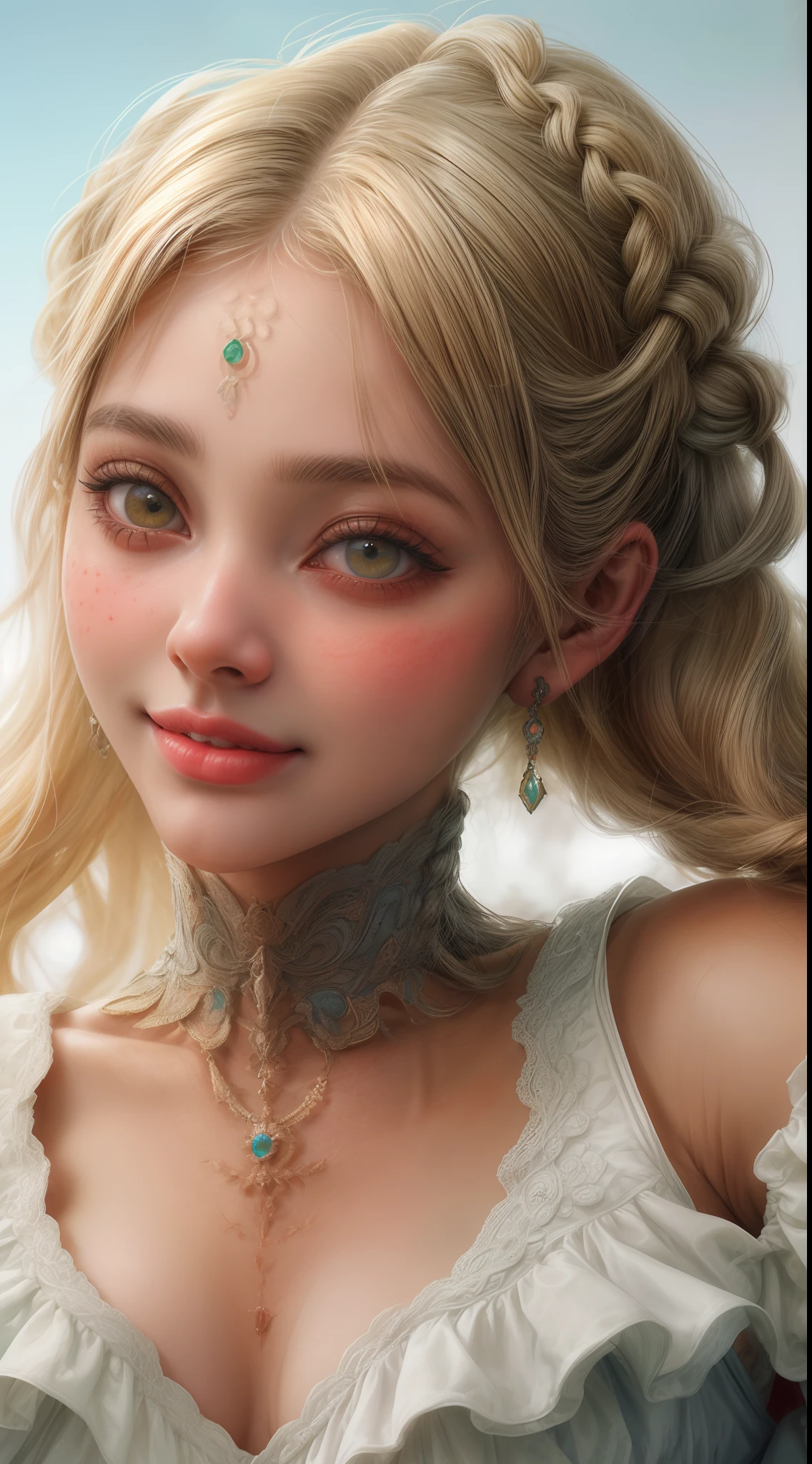 Retrato de uma garota de 18 anos sorrindo,branca olhos azuis boca carnuda com batom vermelho sardas e manchas na pele, hair with braids and blonde bangs, detalhes intricados ( 8k super realista)