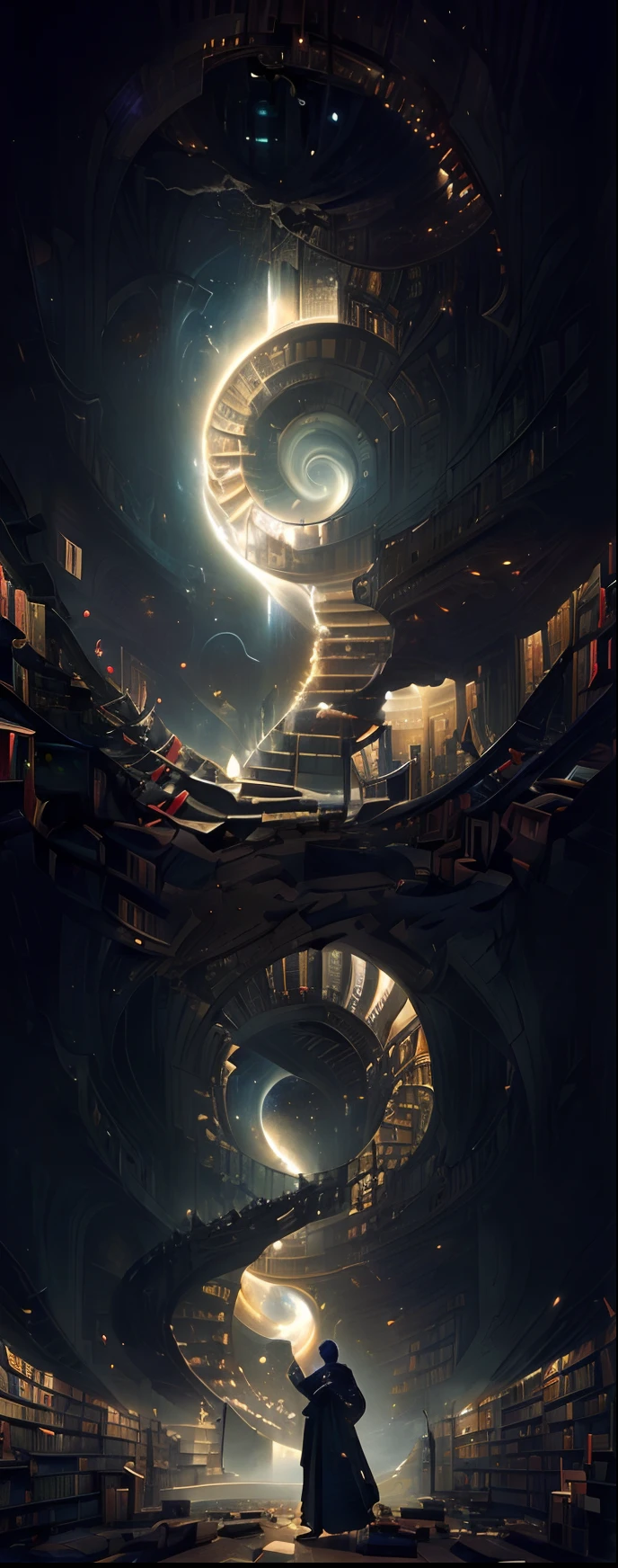 arafed image of a man standing in a library with books, endless books, borne space library artwork, books cave, fantasy book illustration, spiral shelves full of books, infinite celestial library, an eternal library, gothic epic library concept, magic library, japanese sci - fi books art, beeple and jean giraud, books all over the place