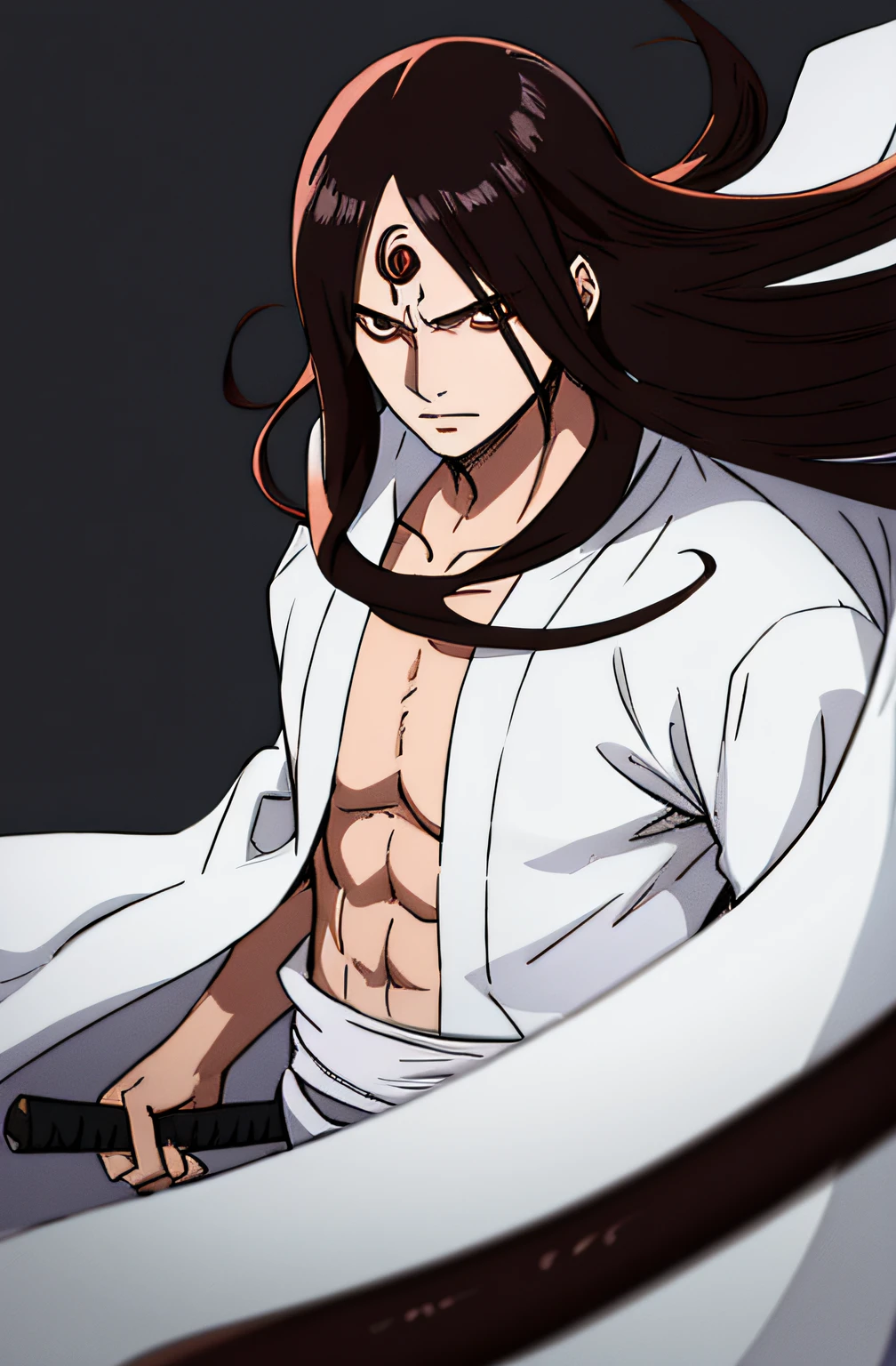 1boy, wanostyle, Madara Uchiha, calm, smooth hair, brown weavy long hair, looking at viewer, solo, upper body, ((masterpiece)), (best quality), (extremely detailed), depth of field, sketch, dark intense shadows, sharp focus, soft lighting, hdr, colorful, good composition, white and black gas all around, Cloak floating behind, wearing white cloak, spectacular, closed shirt, anime screencap, scar under eye, ready to fight, brown eyes
