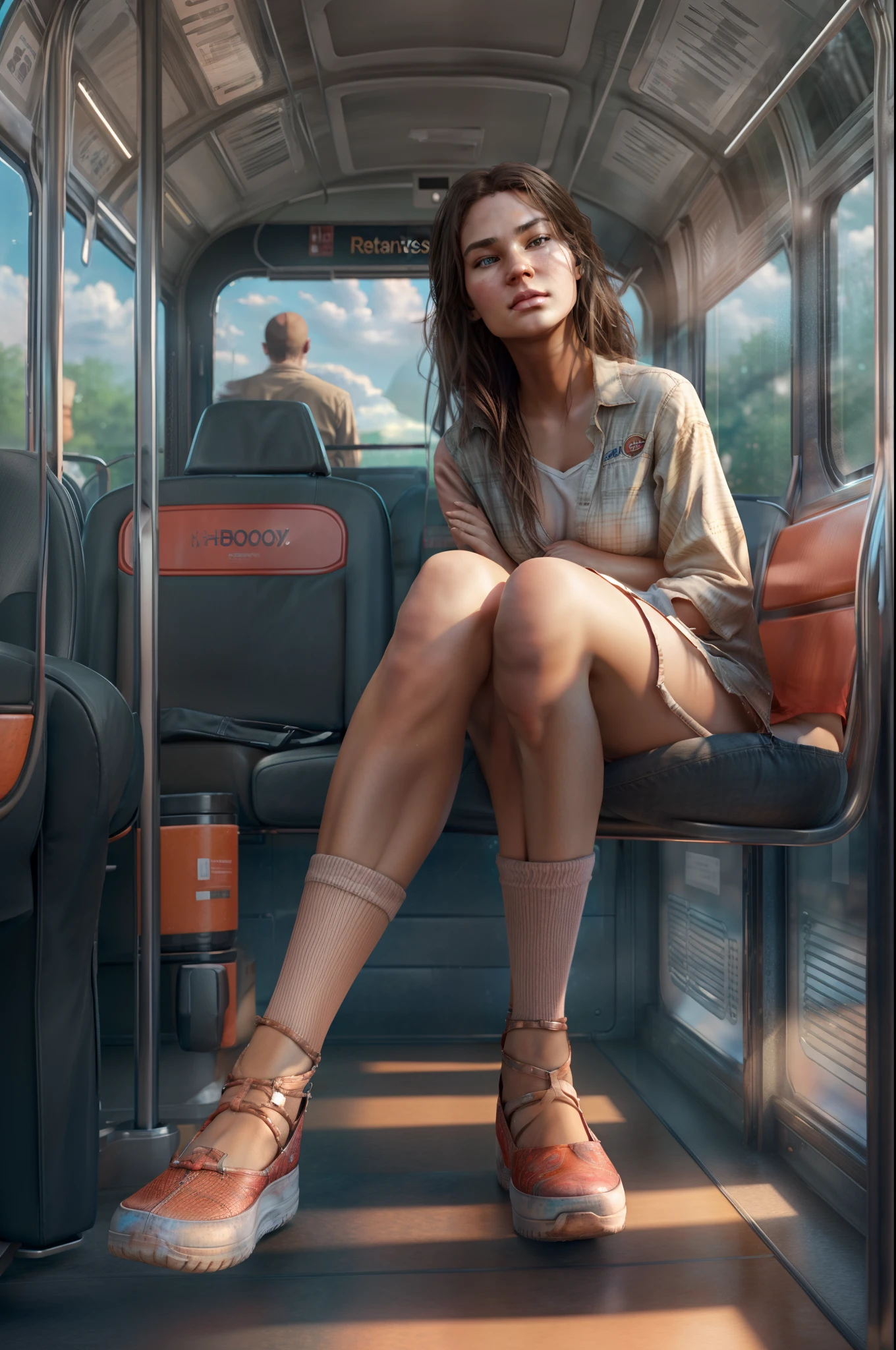 there is a woman sitting on a bus with a very big boo, deviantart artstation cgscosiety, beautiful digital artwork, photorrealistic concept art, realistic digital art 4 k, realistic digital art 4k, by Mark Arian, gorgeous woman, ultra realistic concept art, alexey egorov, hyperrealistic schoolgirl, trending on artstation hq