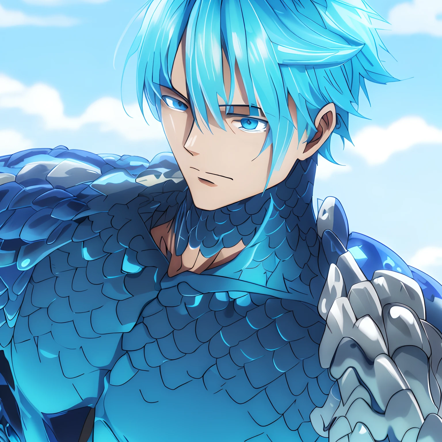 cara anime com cabelo azul e olhos azuis , escamas azuis cobrindo seu peito, Escamas azuis, cara bonito na arte demon slayer, escamas cobrindo seu peito, escamoso, com pele azul, escamoso!!!, cara de anime alto com olhos azuis, fanart detalhado, arte de anime digital detalhada