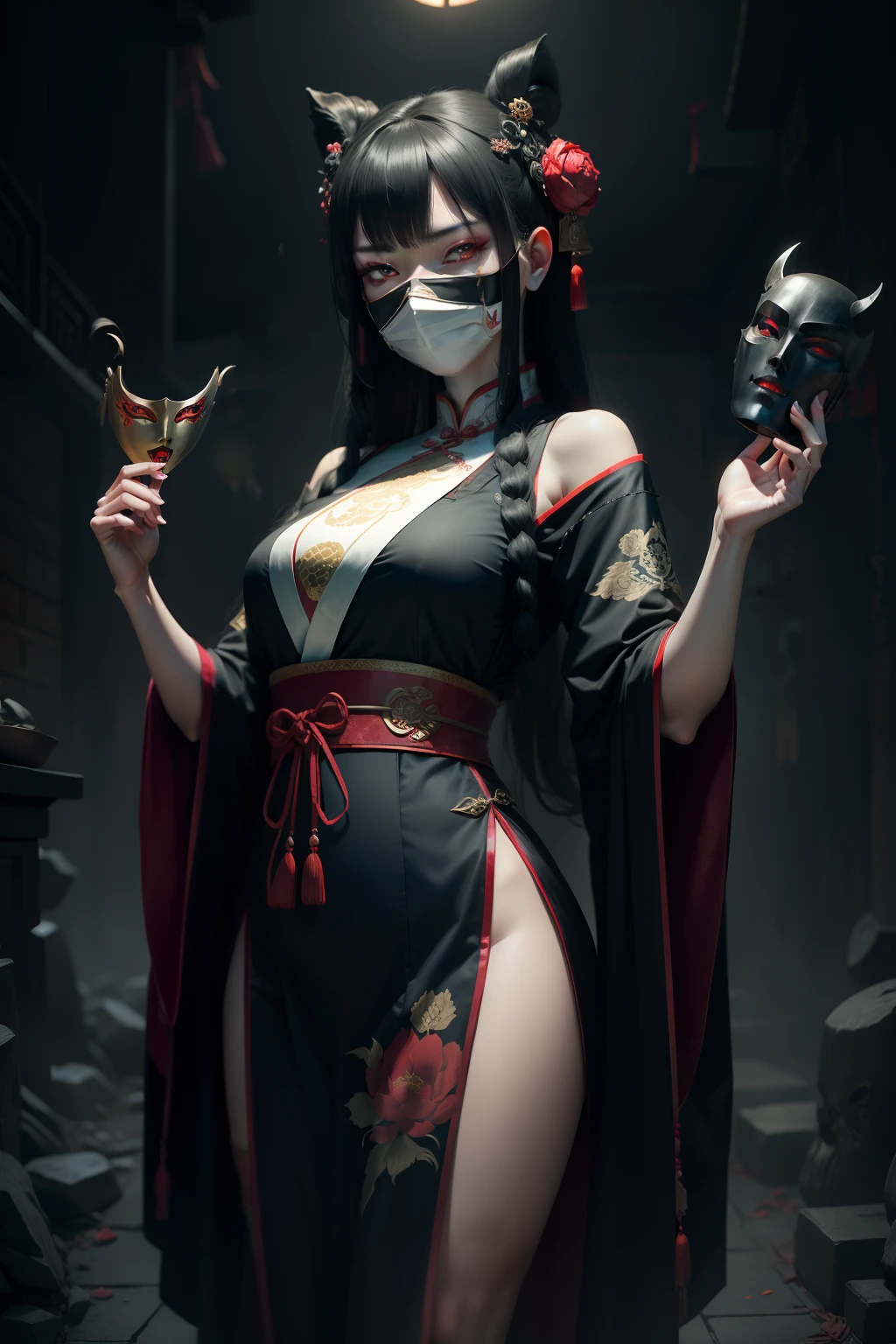 Longhaired Beauty,Tall and tall,Tang dynasty,Ancient China,Red eyes,The eyes are cold and evil,Chinese face,Impeccable,delicated,Ancient Hanfu,period costume,(Background with:Dark and terrifying,Countless ghosts,terroral,thriller)Cursed girl,Chinese horror,The mask is half masked,Ancient design sense mask,