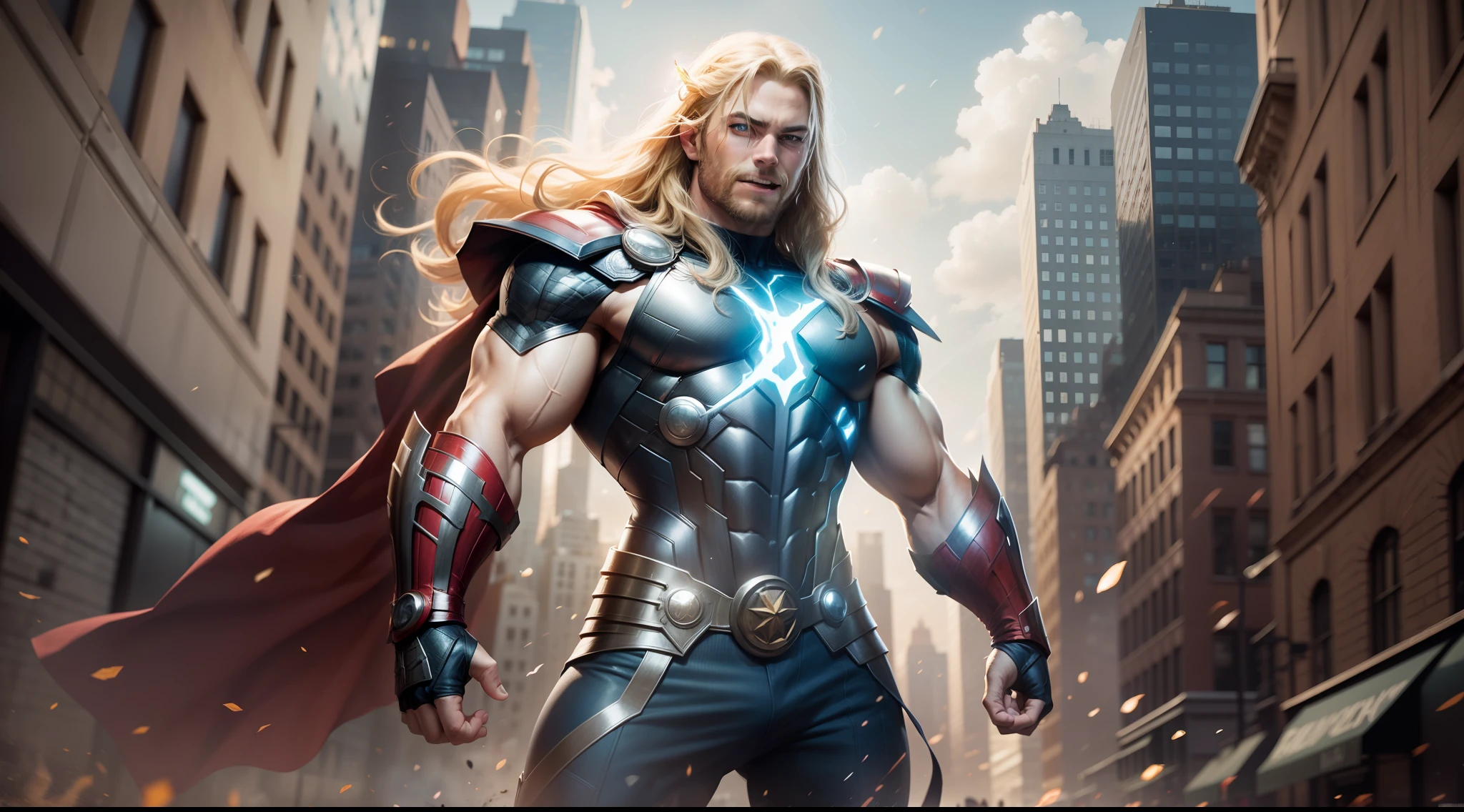 Thor marvel superheroi, com corpo do homem de ferro, asas do arqueiro, olhos de raios, fundo de cidade de new york, alegria, 4k, detalhado, hdr, colorido,