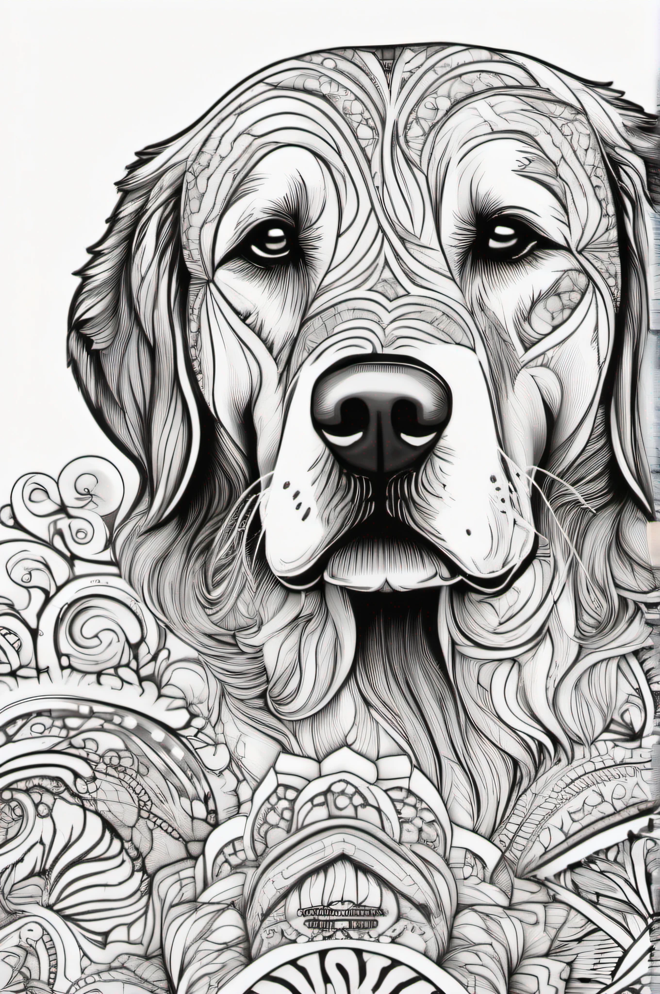 dog, mandala Golden Retriever body, mandala dog face, fantasy, magical, mystical, unusual, black and white, wavey lines, realistic line art drawing, coloring book page , no noise, crisp thick lines, outline art, centred image, isolated on a white background