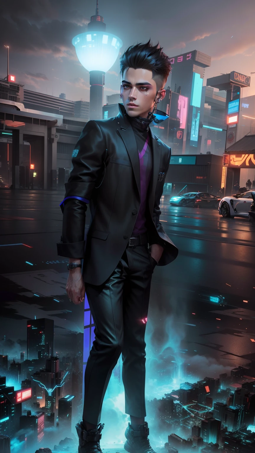 Change background cyberpunk handsome boy, realistic face, 8K, ultra