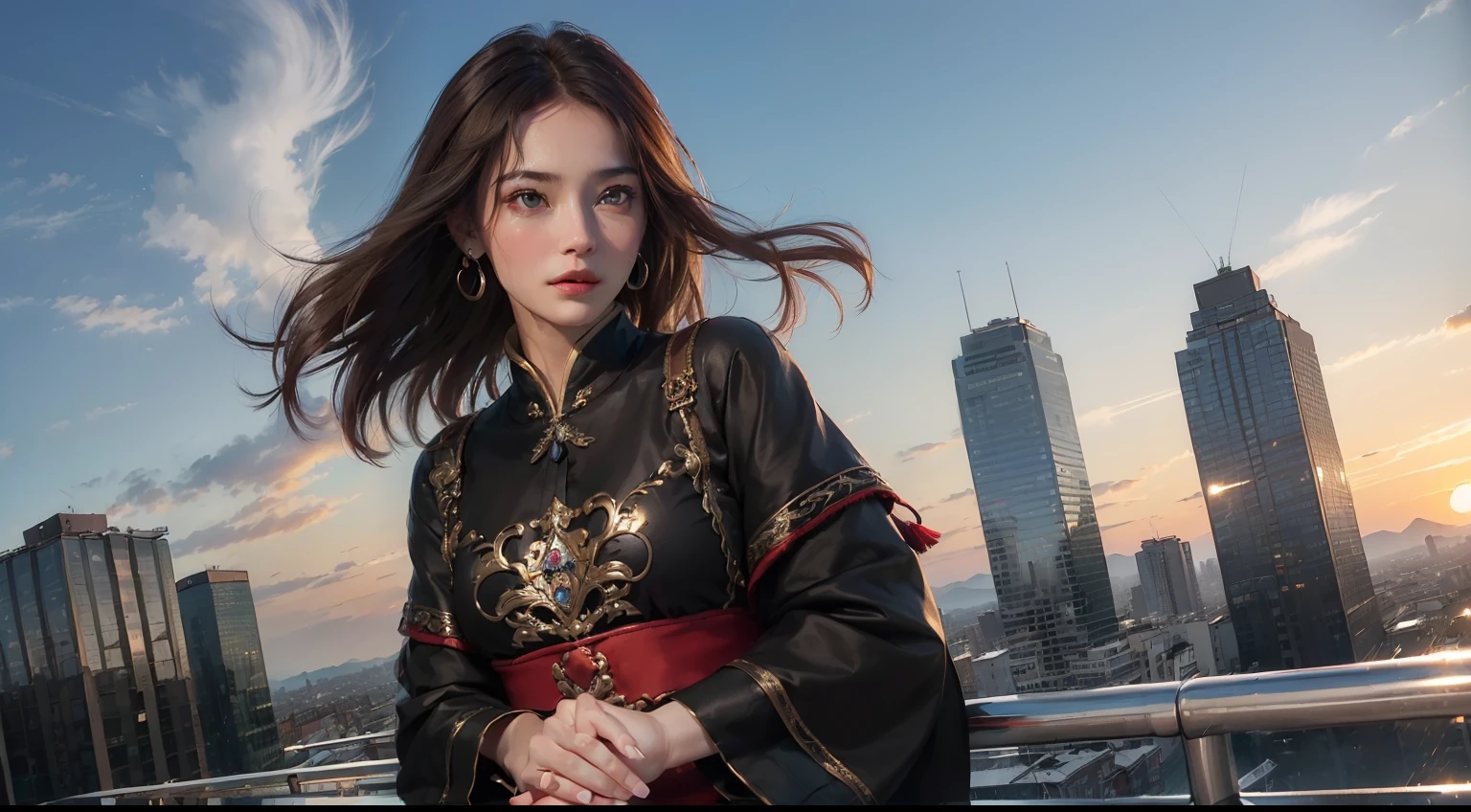 (realisitic,Photorealsitic:1.4),(1 Beauty:1.3),(beautiful countenance:1.5),Detailed shiny skin,A detailed eye,Precise hands and fingers,8K HDR, , ​masterpiece, Movie angle,电影灯光, Beautiful Ukrainians,Shabby clothes,brown haired,Complex hairstyle,Hokkaido,On the rooftop,Discussing,