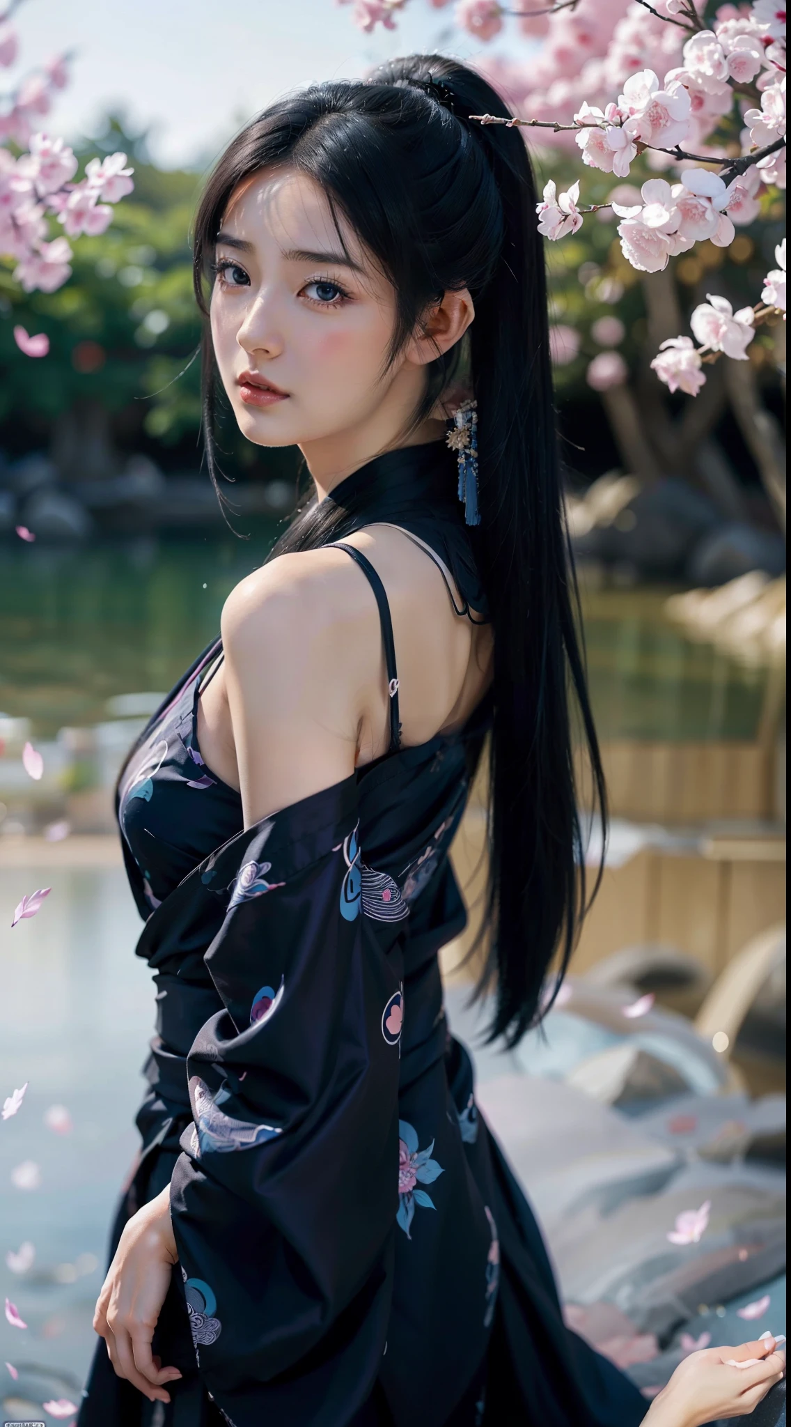 watching at viewers、Background with Summer Festivals、poneyTail、Woman with shiny black hair、Indigo kimono、Depict a beautiful and graceful woman of Japan。full body Esbian。 beautiful anime artwork, beautiful anime art, Anime art wallpaper 8k, beautiful fantasy anime, Beautiful anime, Detailed anime artwork、face perfect、heart pattern in eyes
