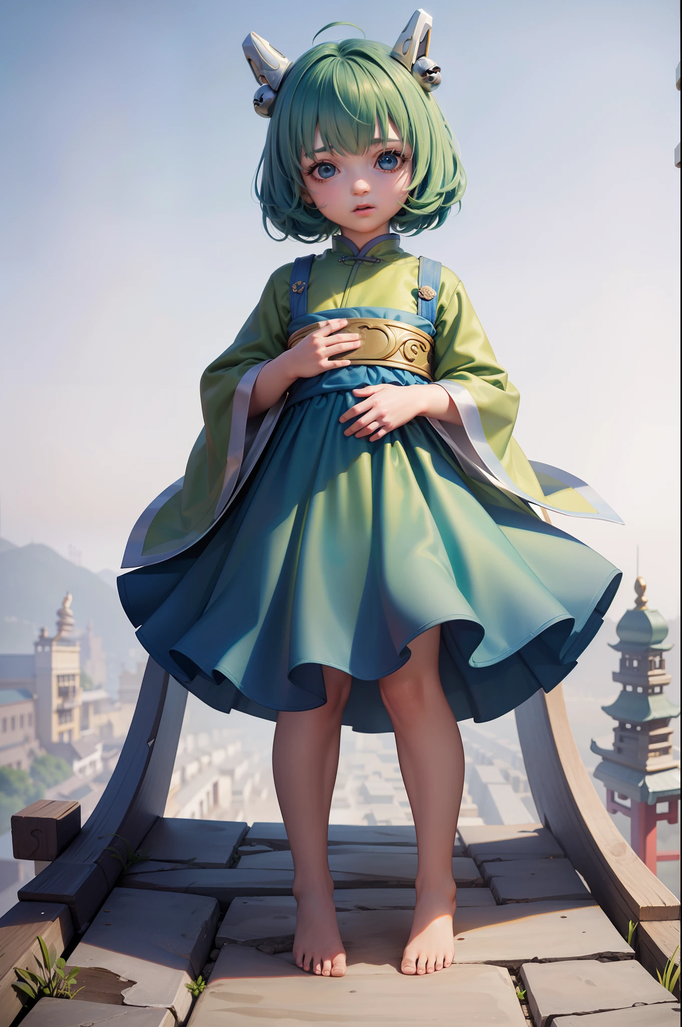 8K, Super detail, ccurate, Best quality, Masterpiece, Super detail, High details, High quality, Best quality, A high resolution,1girll,Green hair,Short hair,(Very short in height),(Toddler body type),Solo,Fold your hands to your chest,adolable,without wearing shoes,Ancient Chinese city