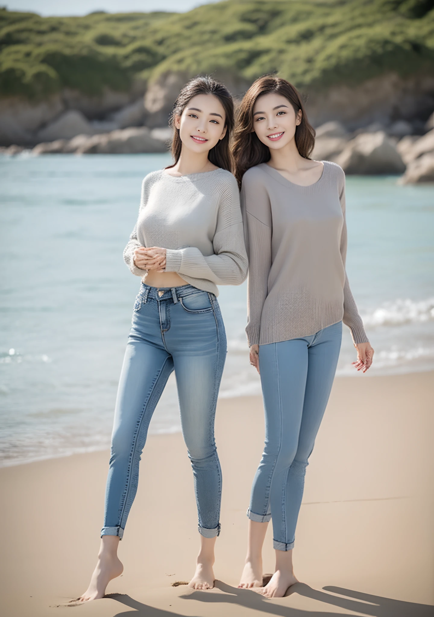Woman in jeans on the beach,Practice yoga movements(Elegant and solemn movements),Full body shooting:1.8(RAW photogr,超高分辨率,8K,HD,tmasterpiece,best qualtiy),Complicated details, 20 years old Asian woman,Women wearing smoked gray cropped anxiety tight sweater(Slim fit,Fit snugly to the body)and trendy jeans with open navels,Realistic and detailed costumes,Detailed beach,A sweet smile appeared on the little face,The face is white and tender,skin lightening,Ultra-realistic facial details,Beautiful accessories,White skin and beautiful appearance,The skin is as fat as jade,The face is delicate and watery,Playful and coquettish pose,The calves are straight and slender:1.5,Wear high-end branded travel shoes:1.5,eventide,warm color,Broad lighting,naturalshadow,taking a full body photo:1.8