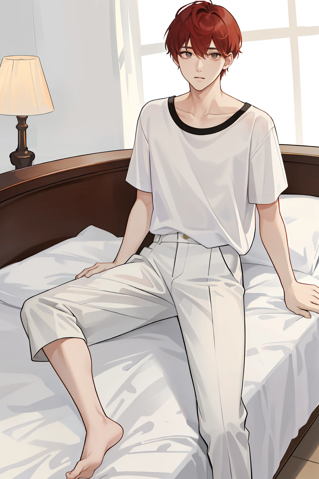 tmasterpiece、Need、photorealestic、A half body、1 man、Adult male、malefocus、Adult male、Even-figure,Proportion of adult males、mixed race、Look to the lens、Confused eyes、Peach blossom eyes、White skin、Delicate and delicate face、dark red colored hair、man short hair、ear studs、onbed、Lie down、fall asleep,white short sleeve、shorter pants、whitestocking、