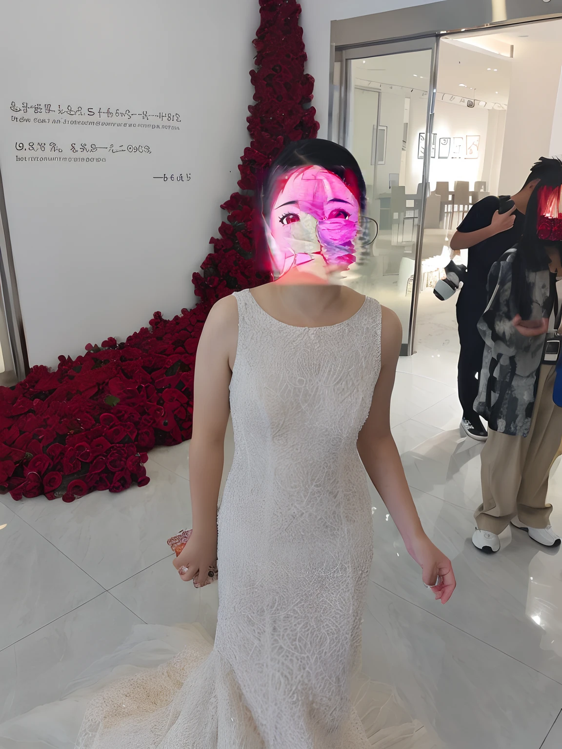 super high image quality,tmasterpiece,wears a white dress(B cup)(Tall and tall)(largeeyes) (Long hair)(With a smile)((((Warm background red rose romantic)))) (The hand movements are dignified and generous)((oriental girl))((((Zhao Liying))))