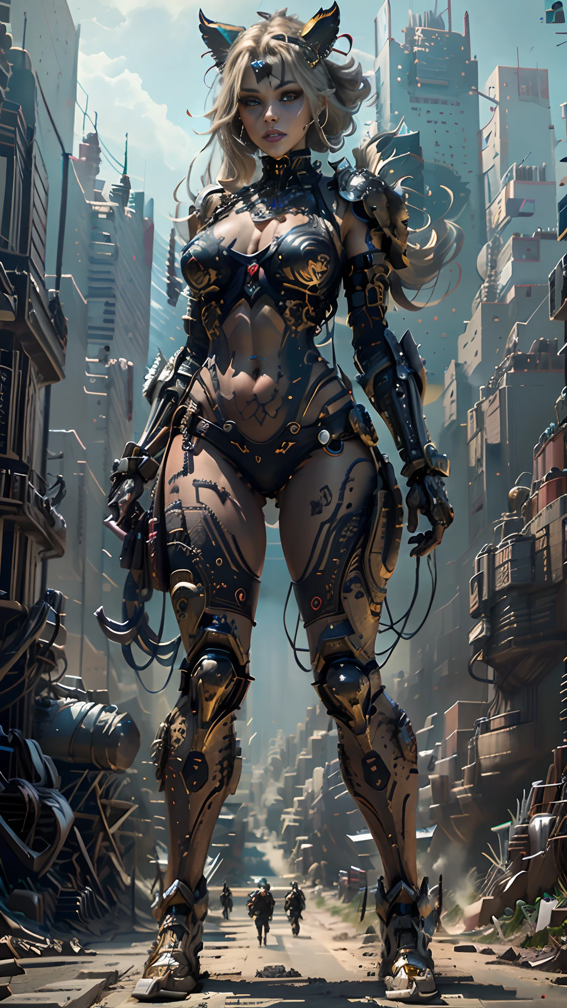 (masterpiece) demon tigress, beautiful face, full body, in cyberpunk armor, legs in tight armour, (delicate facial detail) valkyrie warrior, cyberpunk style color scheme, ((intricate detail, highly detailed)) 8K.