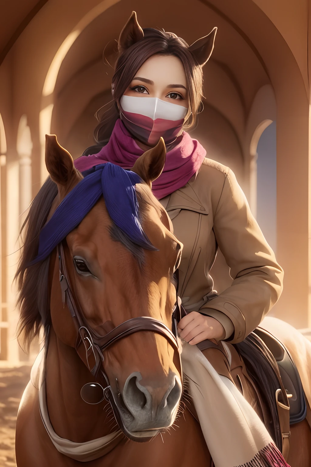 Beautiful woman, long hair with scarf on face, montado em um belo cavalo