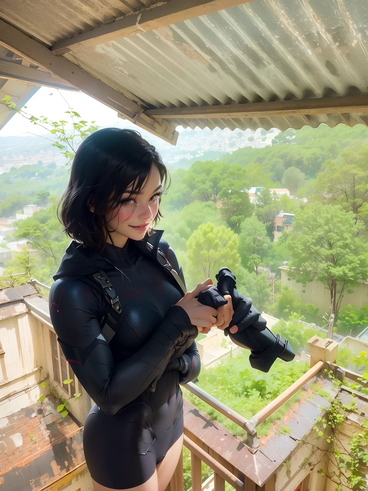 Beautiful woman detailed defined body using Spider-Man role-playing,small breasts,smiled,exquisite facial features,with short hair,Squat on the roof of a tall building