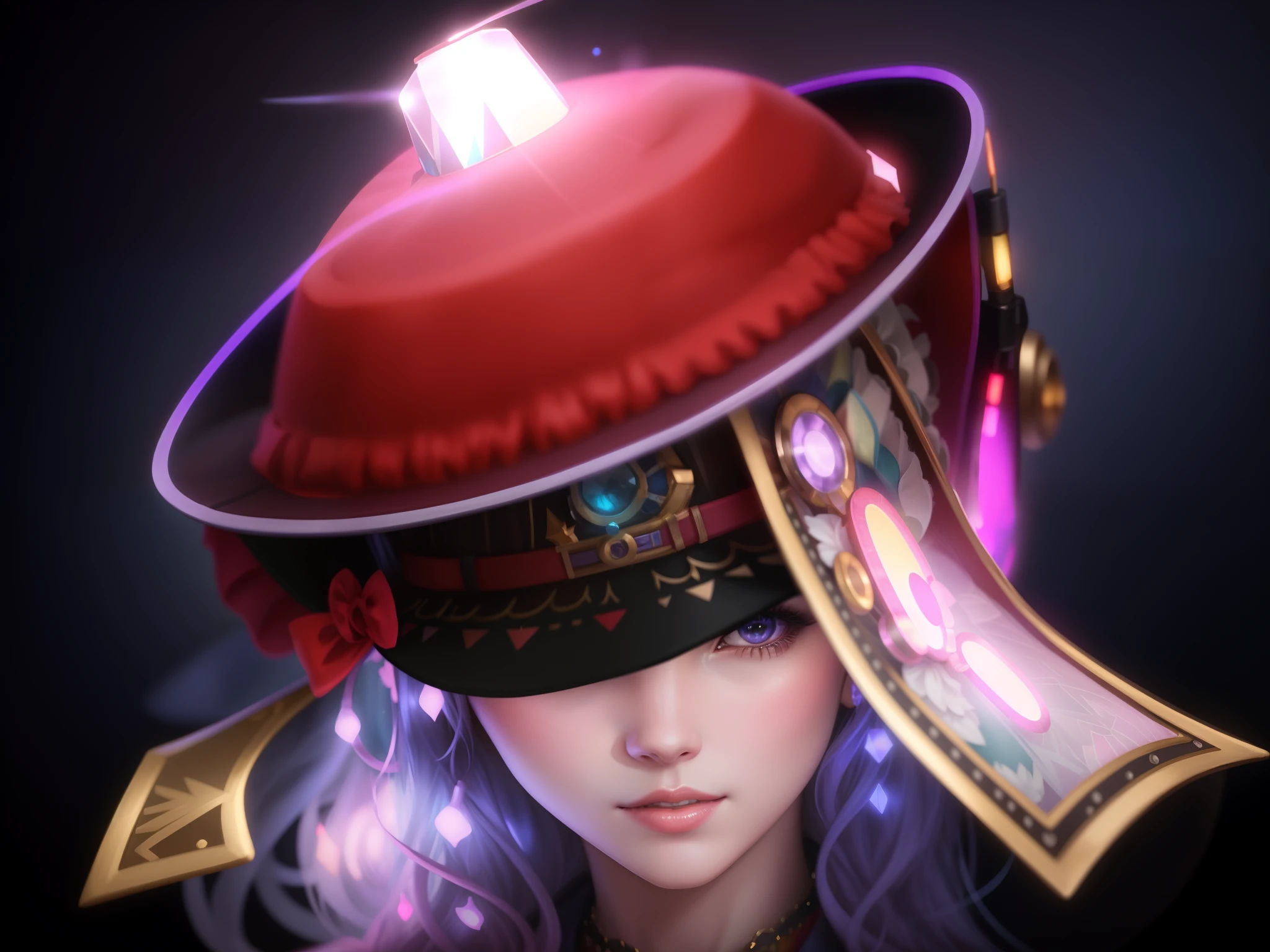 Close-up of woman in hat,With the lights on, Fancy gorgeous hat, sakimichan frank franzzeta, Guviz, Fancy hats, Guviz-style artwork, wearing a strange hat, sakimichan, Wizard hat movie lighting, 8K Artgerm bokeh, alice in wonderland cyberpunk, kda