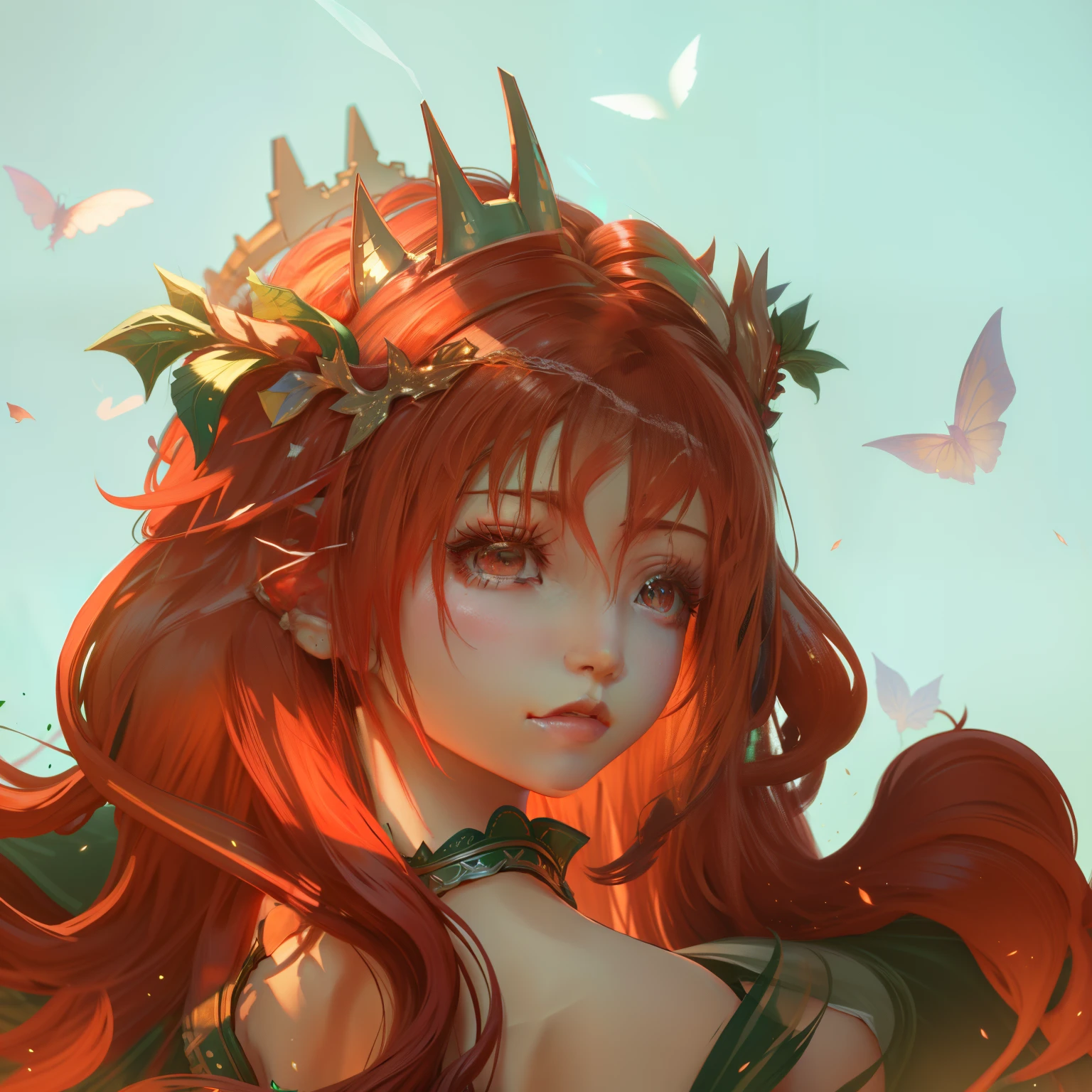 The upper body of the woman faces forward,Red wavy hair,Green eyes,Crown on head,Wear a garland on your head,The light from the back window is backlighted,Sense of transparency,flowy