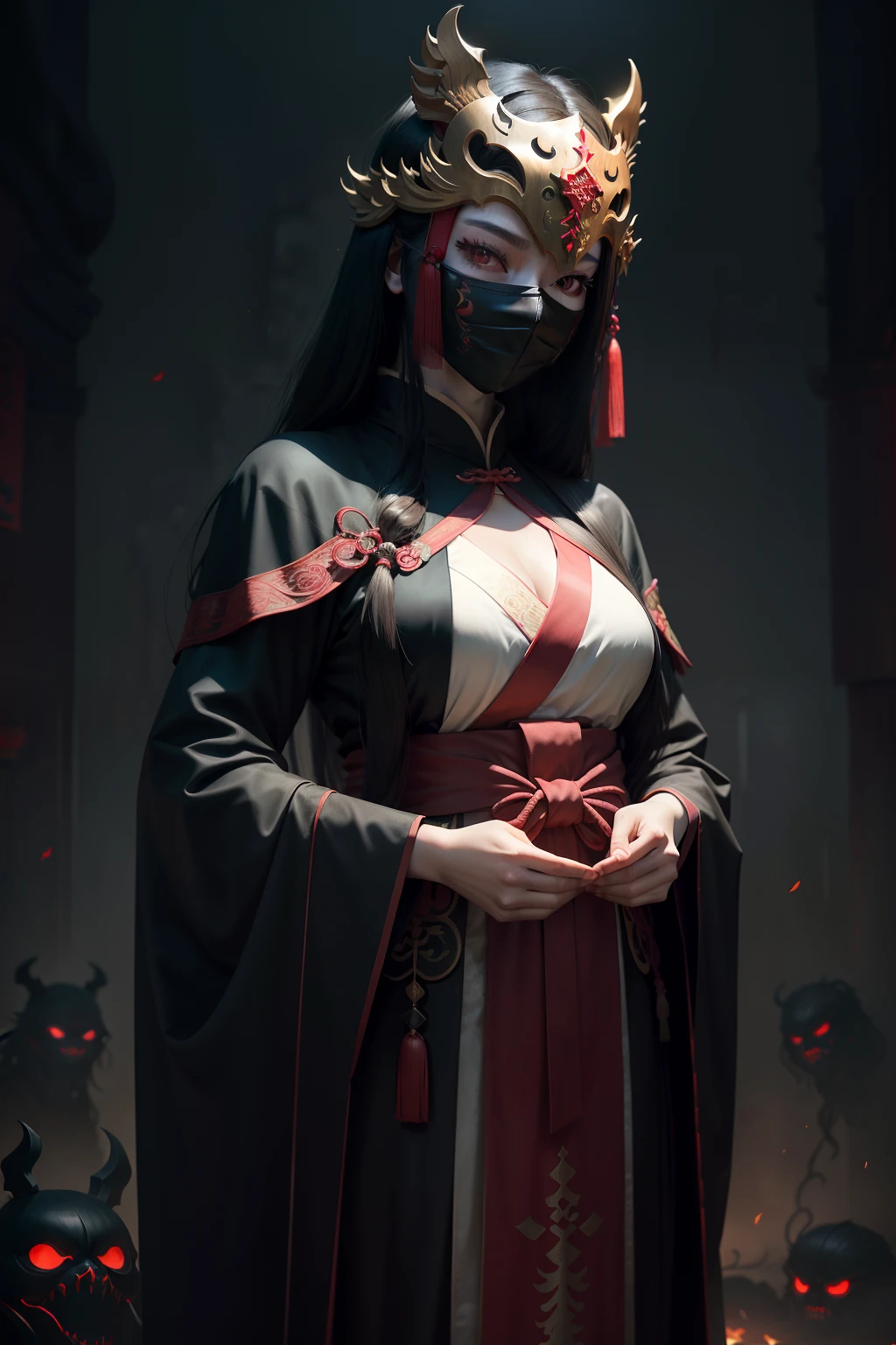 Longhaired Beauty，Tall and tall，Tang dynasty，Ancient China，Red eyes，The eyes are cold and evil，Chinese face，Impeccable，delicated，Ancient Hanfu，period costume，（Background with：Dark and terrifying，Countless ghosts，terroral，thriller）Cursed girl，Chinese horror，The mask is half masked，Ancient design sense mask，