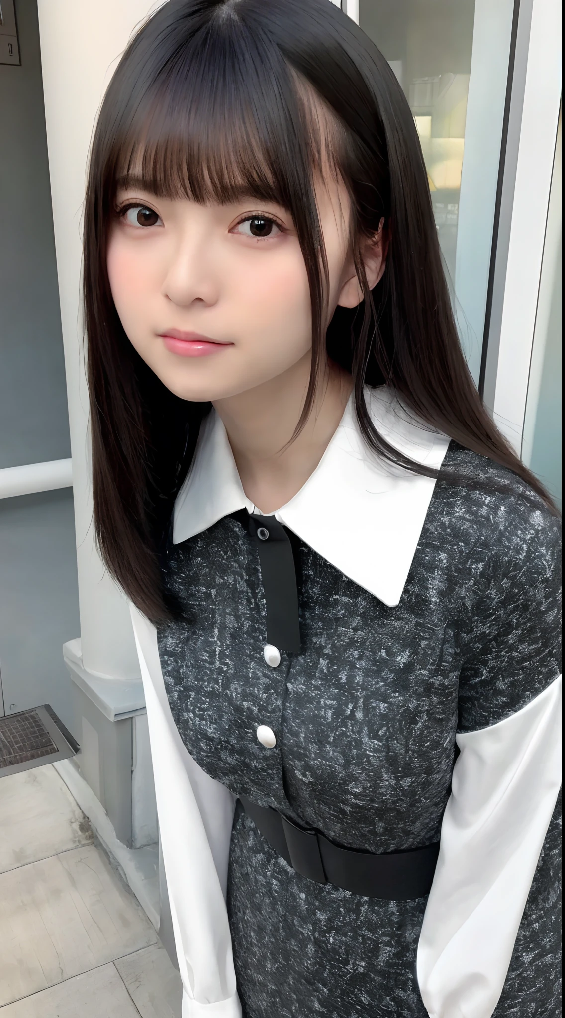mix4, (8K, Raw photography, Top image quality, masterpiece: 1.45), (realisitic, Photorealsitic: 1.37), one girls, cute little, A city scape, natta, Sateen, Wetty, profetional lighting, photon maping, Radio City, physically-based renderingt, Gradient black hair, white hair, short curly hair, a handsome, girl with, (((Randomly generated plain clothes))), Top Quality Photos, hight resolution, 1080p, (clearface), (Detailed face description), (Detailed hand description), (masterpiece), (Exquisite CG)、extreme light and shadows、dishevled hair、master work、abundant detail、(Fine facial features)、(top quality photo)、(masuter piece)、(A detailed eye)、Look in front of you、Fine clavicle、((Slender big))、((Office Looksuit)))、((Cute clothes))、((Shinjuku City))、(Turning around)、(((collars)))、耳Nipple Ring、A big smile、Draw the whole body from the knee、