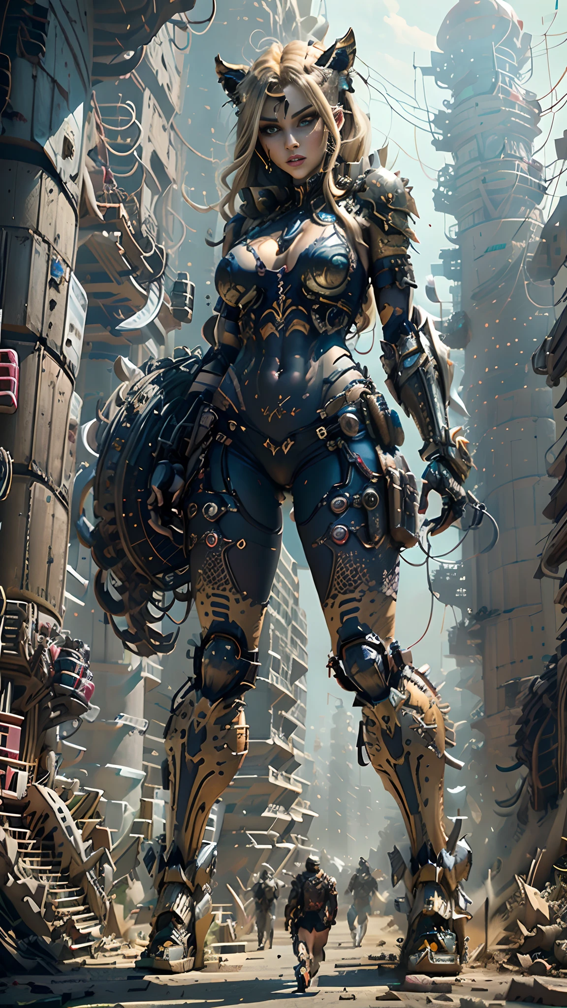 (masterpiece) demon tigress, beautiful face, full body, in cyberpunk armor, legs in tight armour, (delicate facial detail) valkyrie warrior, cyberpunk style color scheme, ((intricate detail, highly detailed)) 8K.