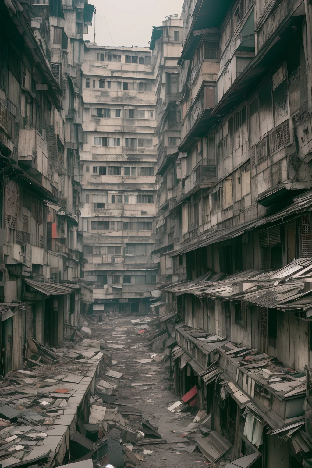 Cinema lenses,cinmatic lighting,Photo ,Dark thirties,Ruined city,Hong Kong movie scenes,Kowloon Walled City,Cluttered city characters