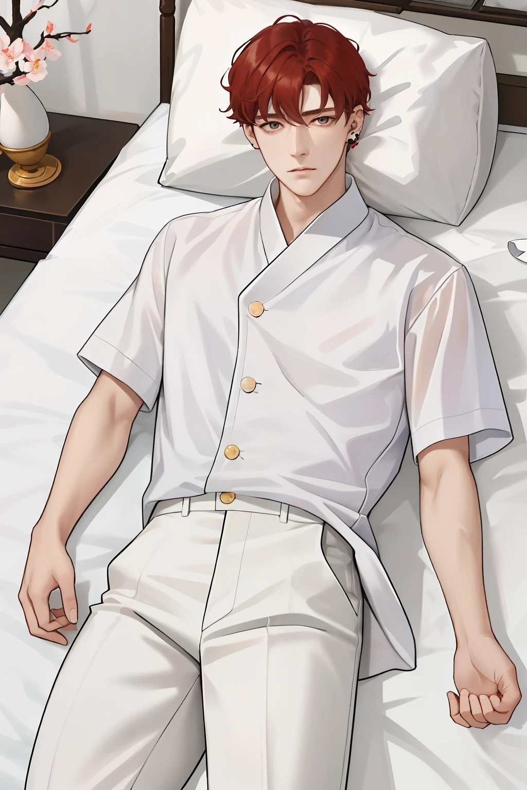 tmasterpiece、Need、photorealestic、A half body、1 man、Adult male、malefocus、Adult male、Even-figure,Proportion of adult males、mixed race、Look to the lens、Confused eyes、Peach blossom eyes、White skin、Delicate and delicate face、dark red colored hair、man short hair、ear studs、onbed、Lie down、fall asleep,white short sleeve、shorter pants、whitestocking、