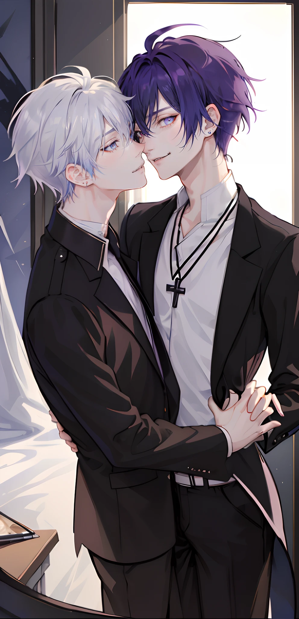 ​masterpiece, top-quality, 2Others, Male couple, 1 man and 1,, Adults, Height difference, different fashion, different color, finely eye and detailed face, intricate detailes, Casual clothing, Oversized shirt, Modern urban streets, A smile, Happiness, tenderness, queers, high-level image quality、 Two beautiful men、tall、The upper part of the body、nightfall、nighttime scene、𝓡𝓸𝓶𝓪𝓷𝓽𝓲𝓬、Two Men Kissing, Korean Male, Idol Photos, k pop, Professional Photos, Vampires, Korean fashion in black and white, Fedoman with necklace, inspired by Sim Sa-jeong, androgynous vampire, :9 detailed face: 8, extra detailed face, detailed punk hair, ((eyes are brown)) baggy eyes, Seductive. Highly detailed, semi realistic anime, Vampires, hyperrealistic , delicate androgynous prince, imvu, short hair above the ears, Man with short hair, Purple-haired man with a glaring expression and a man with light blue hair with a gentle expression, With a short-haired man with bright purple hair, Man with light blue hair, kiss together, Kissing each other,