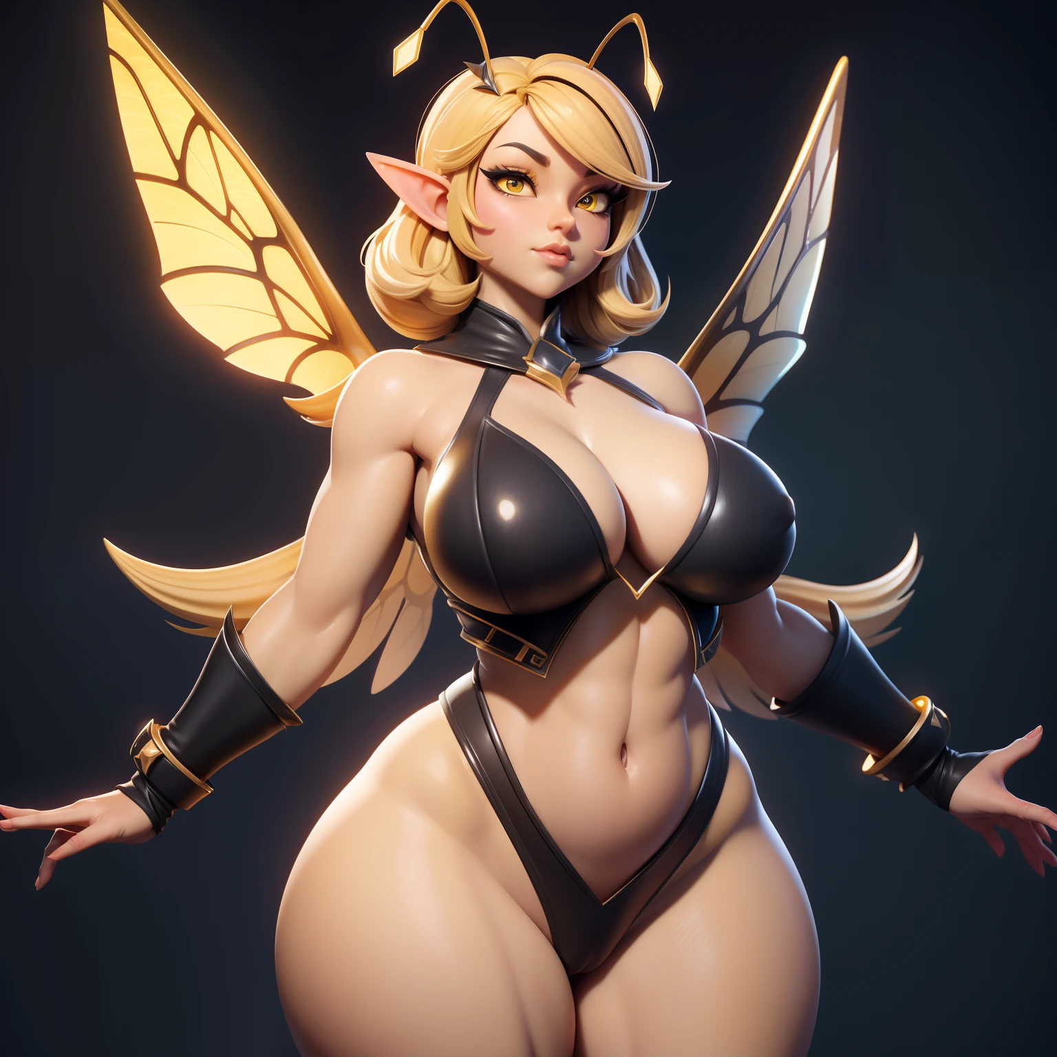 gorgeus voluptuous bee girl, bee wings, yellow skin with black stripes, pair of antennae sticking out of head, deep yellow almond-shaped eyes, short pointed ears, short blond pixie style hair, perfect huge and heavy breasts, voluptuous wide hips, muscular thighs, muscular arms, sexy voluptuous belly, massive huge flashy cameltoe, lewd, space, spaceship, UHD, retina, masterpiece, anatomically correct, textured skin, high details, award winning, best quality, 8k