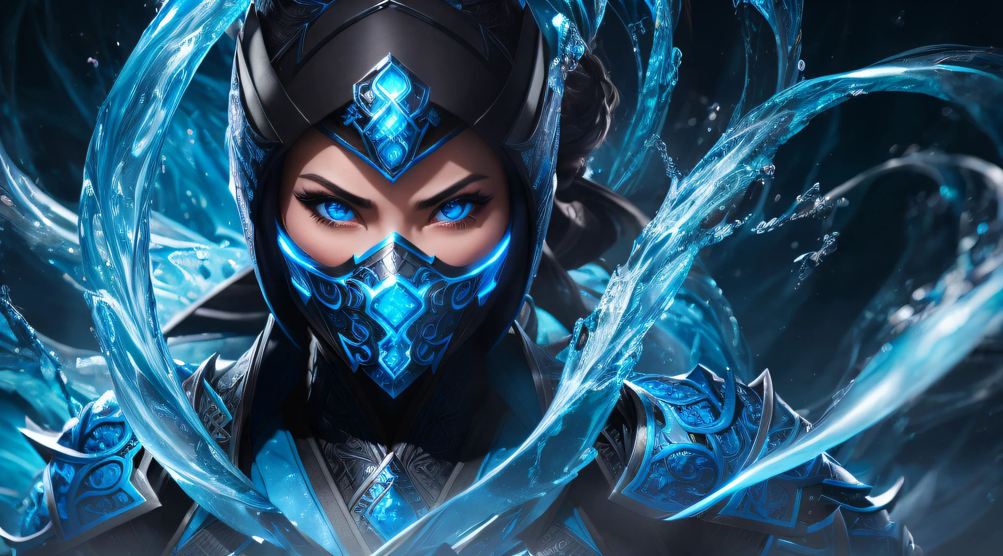 1girl, portrait of female cute mksubzero battle with group of ninja, glowing blue eyes, ice, blue, cold, energy, aura, swirl water, ornate, detail,