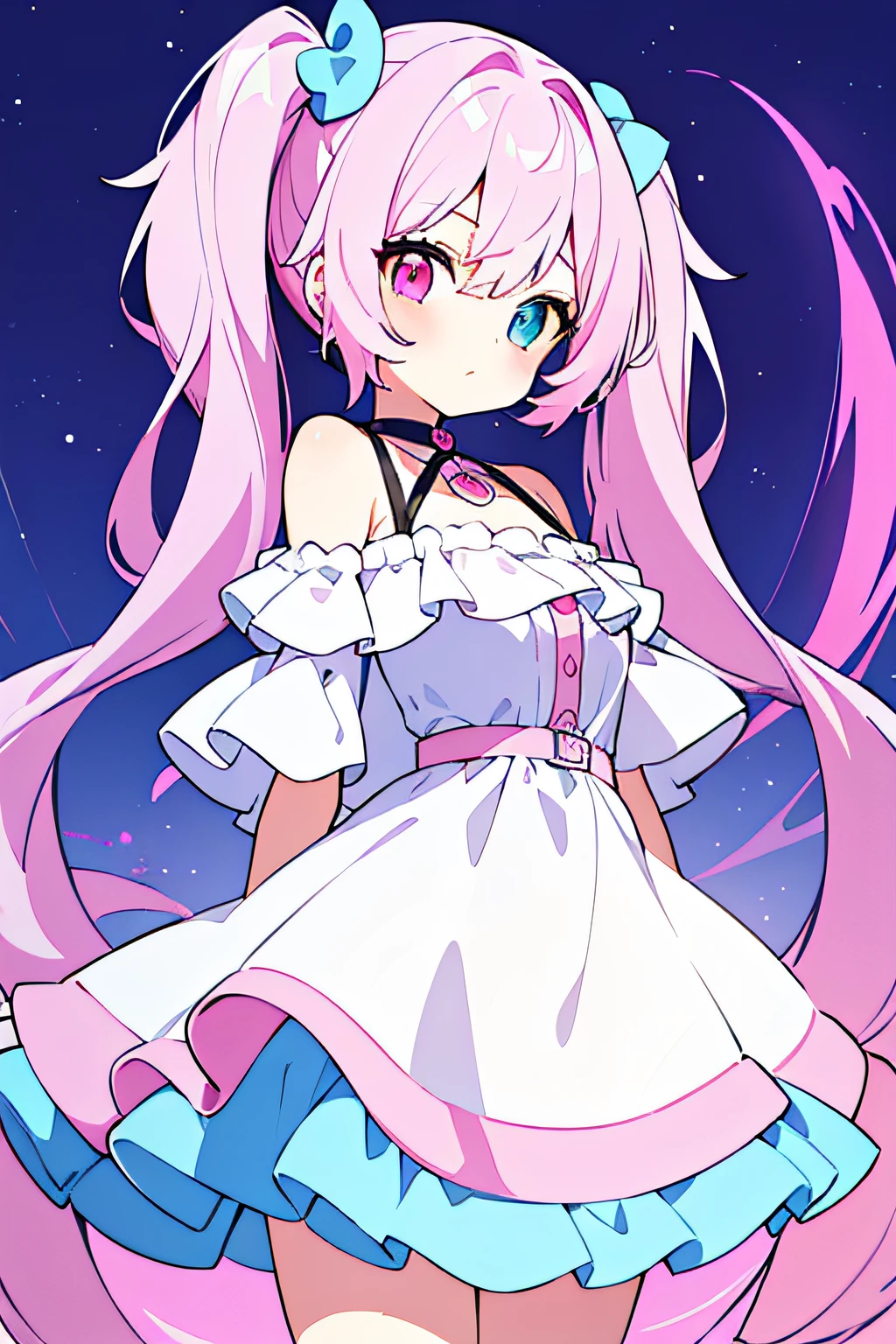 masterpiece, best quality, 1girl, solo, asymmetrical hair, two colors of hair, half-divided hair color into two parts, pink left hair, light blue right hair, shoulder-length hair, twintails, two colors of eyes, Heterochromia, ((pink right eye)), ((light blue left eye)), cute dress