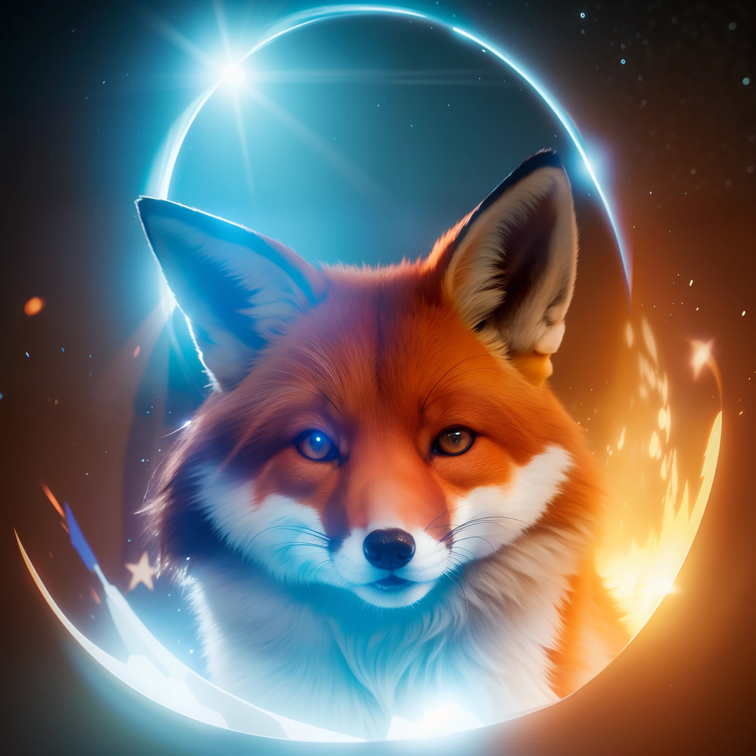 fox head,fire and stars,dblx, lens flare, volumetric lighting, hasselblad, extremely detailed