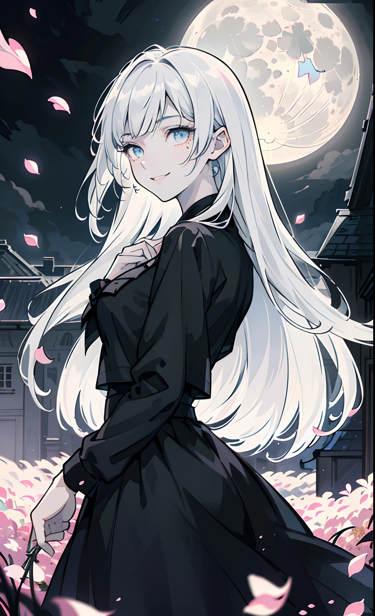 masterpiece, best quality, 1girl, (colorful),(finely detailed beautiful eyes and detailed face),cinematic lighting,bust shot,extremely detailed CG unity 8k wallpaper,white hair,solo,smile,intricate skirt,((flying petal)),(Flowery meadow) sky, cloudy_sky, building, moonlight, moon, night, (dark theme:1.3), light, fantasy,
