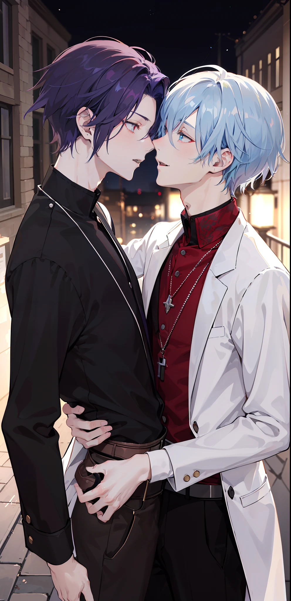 masterpiece, top-quality, 2Others, Male couple, 1 man and 1,, Adults, Height difference, different fashion, different color, finely eye and detailed face, intricate detailes, Casual clothing, Oversized shirt, Modern urban streets, A smile, Happiness, tenderness, queers, high-level image quality、 Two beautiful men、tall、The upper part of the body、nightfall、nighttime scene、𝓡𝓸𝓶𝓪𝓷𝓽𝓲𝓬、Two Men Kissing, Korean Male, Idol Photos, k pop, Professional Photos, Vampires, Korean fashion in black and white, Fedoman with necklace, inspired by Sim Sa-jeong, androgynous vampire, :9 detailed face: 8, extra detailed face, detailed punk hair, ((eyes are brown)) baggy eyes, Seductive. Highly detailed, semi realistic anime, Vampires, hyperrealistic , delicate androgynous prince, imvu, short hair above the ears, Man with short hair, Purple-haired man with a glaring expression and a man with light blue hair with a gentle expression, With a short-haired man with bright purple hair, Man with light blue hair, kiss together, Kissing each other,