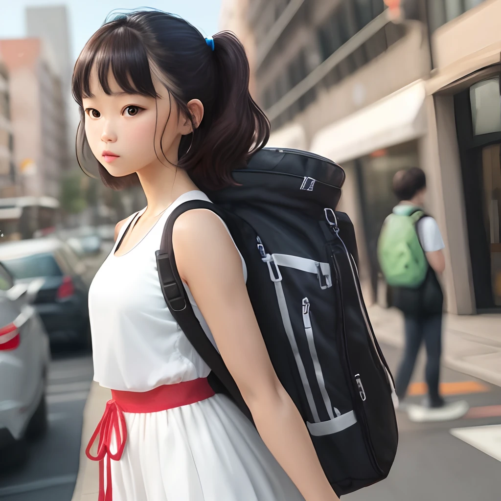 The girl was wearing a T-shirt, a checkered skirt, and a backpack, and her skirt got caught in the backpack and rolled up. When she turns around, blue eyes, blue sky, blush: 1.1, disgusted face: 1.0