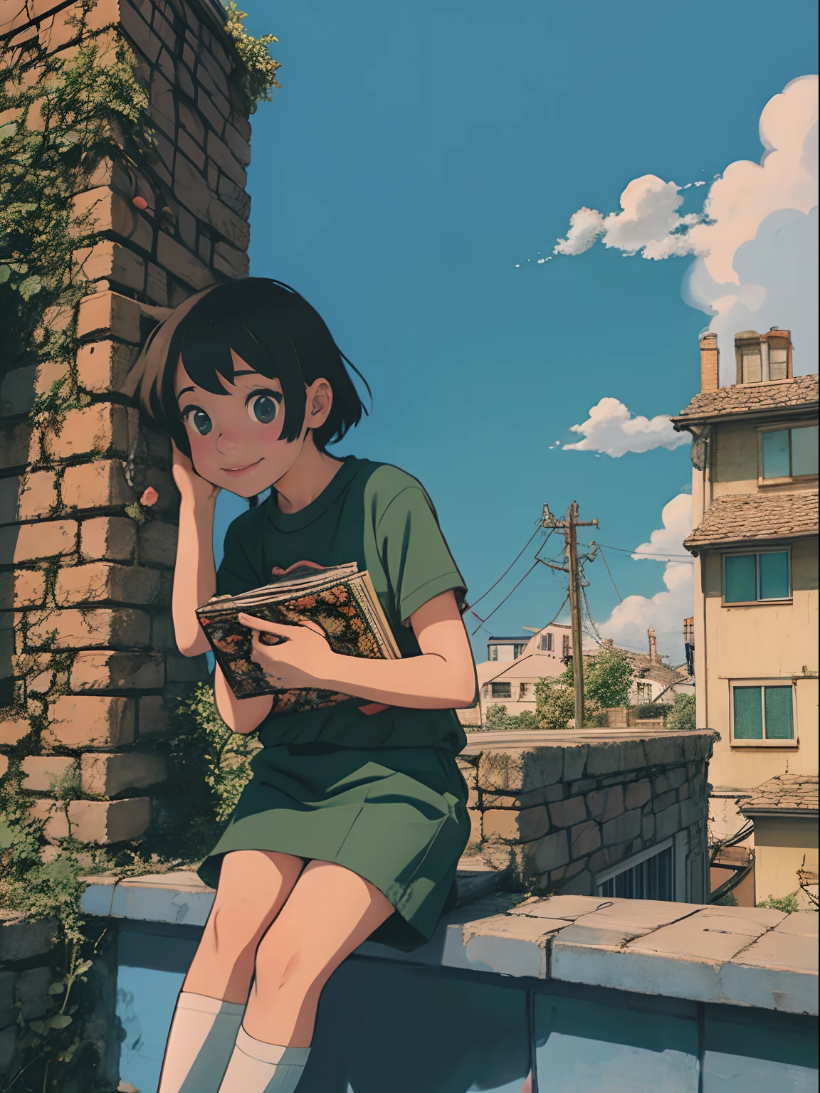 Anime girl sitting on a ledge with stuffed animals,lovely art style,Loepfe Art Style,cute detailed digital art,animeaesthetic,cute anime,High Quality Anime Art Style,Anime boys,anime art style,Lovely detailed artwork,Soft anime illustration,lofi-girl,lofi aesthetics,lofi art,lo fi,cute artwork,High-quality doujin art,illustrated anime,Wears dark green loose short sleeves,ssmile