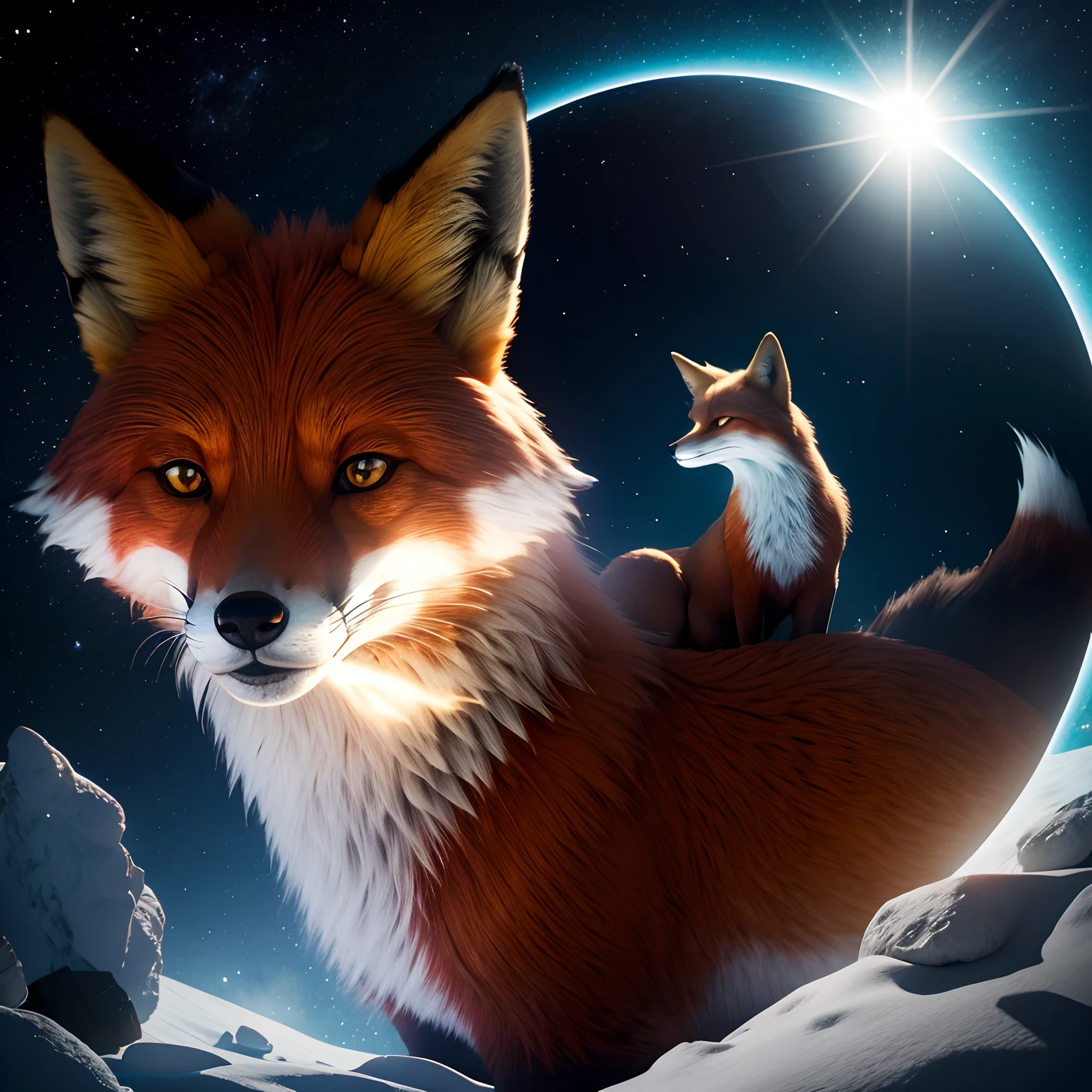 Fox Head,Fogo e estrelas,DBLX, Reflexo da lente, Volumetric lighting, Hasselblad, extremamente detalhado