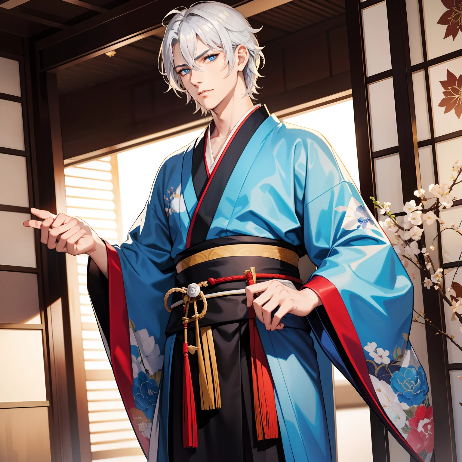 Young men,Long silver ears and short hair,Delicate messy hair,Dressed in gorgeous male kimono,Blue eyes,Handsome and beautiful,The skin is very fair,The expression is cold and charming,A katana hangs from his waist