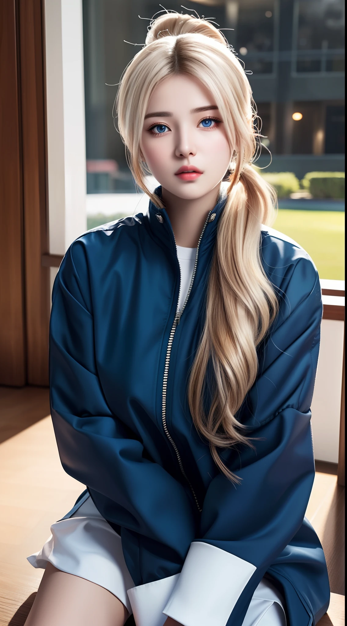 (hyperrealistic), (illustration), (high resolution), (8K), (extremely detailed), (best illustration), (beautiful detailed eyes), (best quality), (ultra-detailed), (masterpiece), (wallpaper), (photorealistic:1.4), (natural light), (rim lighting), (detailed face), high detailed realistic asian skin texture, anatomically correct, solo, 1 girl, (high detailed realistic long wavy white hair:1.35), (ponytail contorted:1.4), heterochromic eyes, (detailed blue eyes), small moles under the eyes, (realistic big breasts:1.5), long legs, tight abs, dynamic pose, sport bra, navy winter jacket, (upon body from head to thighs:1.4), (Beautiful Cute Pakistani Woman:1.55)