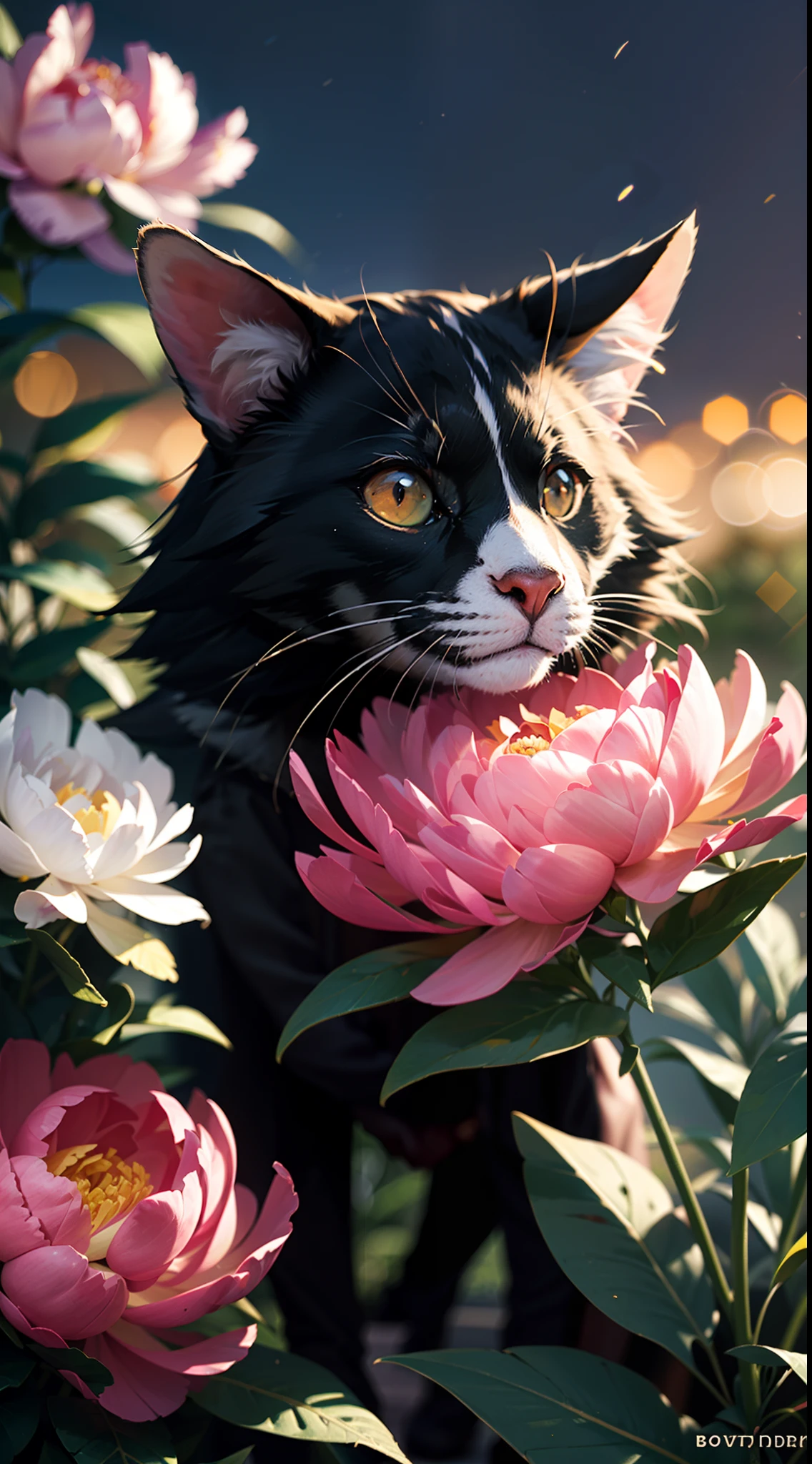 DreamShaper:3.2, Photography, BotanicalUSA, Peonies, a black maincoon, neon clouds, soft Light, bokeh , macro, no add human, no add hand, macro
