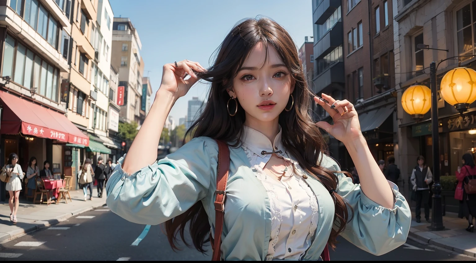 (realisitic,Photorealsitic:1.4),(1 Beauty:1.3),(beautiful countenance:1.5),Detailed shiny skin,A detailed eye,Precise hands and fingers,8K HDR, , masterpiece, (Dynamic angles),电影灯光, Beautiful Japan,Shabby clothes,ligh brown hair,Earmuffs,London,highrise buildings,Joy Pose,