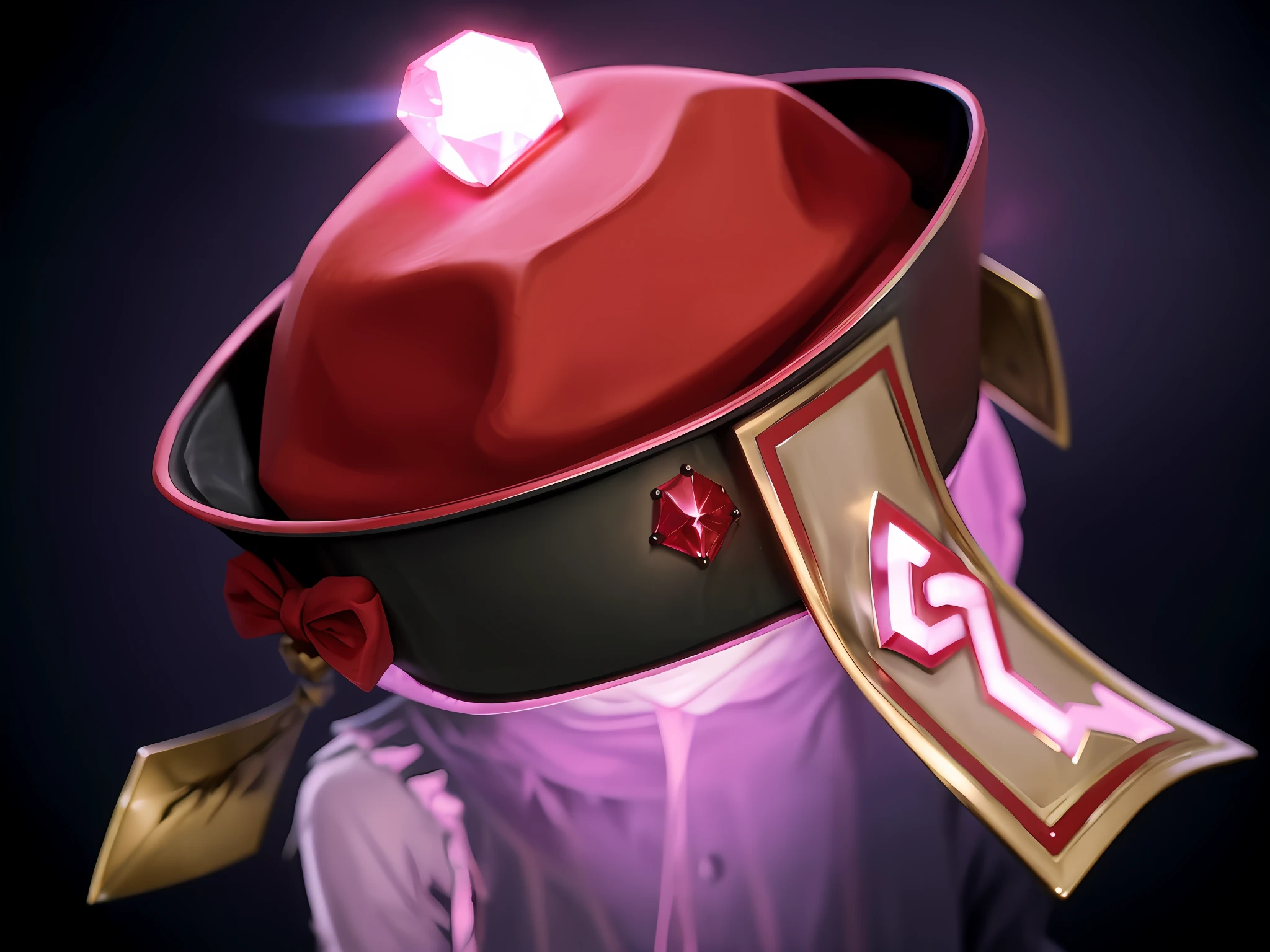 There is a red hat，There is a very bright gemstone on the top of the hat，The edges of the hat are affixed with symbolic symbols，There is a pink light under the hat，Zombie hats