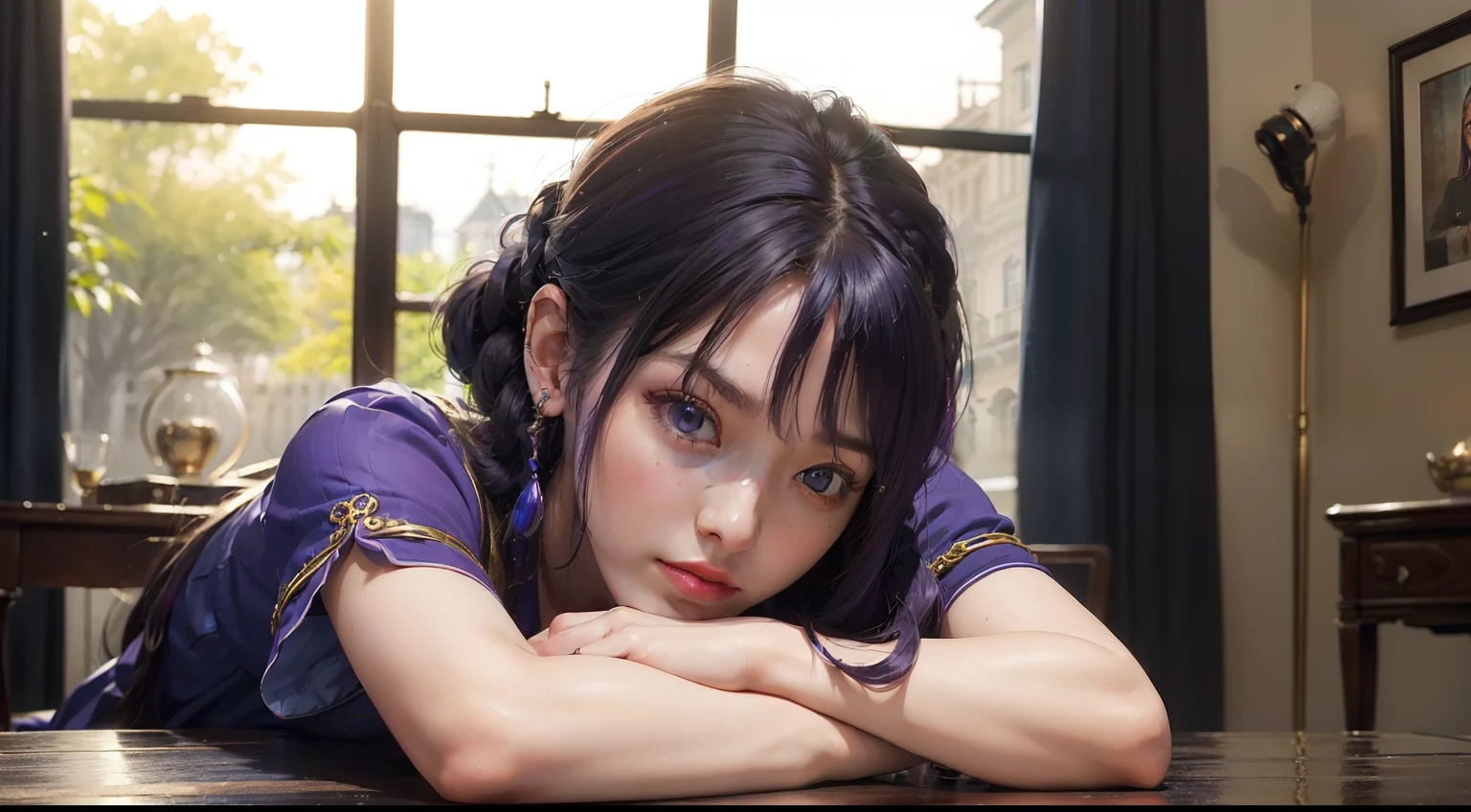 (realisitic,Photorealsitic:1.4),(1 Beauty:1.3),(beautiful countenance:1.5),Detailed shiny skin,A detailed eye,Precise hands and fingers,8K HDR, , masterpiece, Movie angle,电影灯光, Beautiful princess,work clothes,Purple hair,Braids,Vladivostok,Wagas,s asleep,