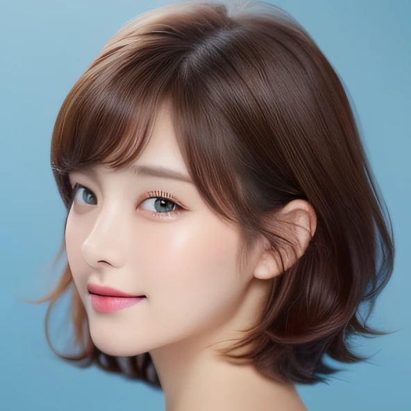 Pretty Perfect Woman、27-year-old woman、Dark brown hair、Beautiful dark brown hair、Patchy eyelid double、Pale blue background、Beautuful Women、Korea person
