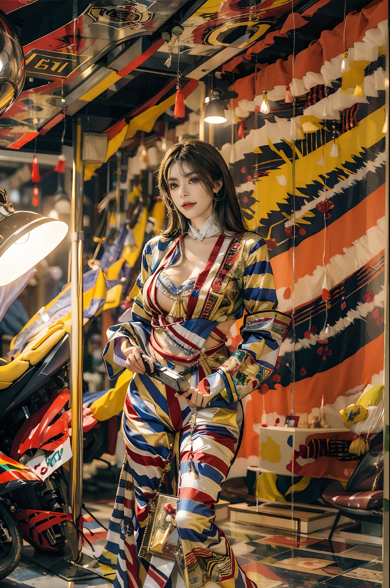 Imagen de cuerpo completo. A woman dressed in a strange striped suit made of silk. She is in a beautifully decorated and modern room. With excellent lighting. Image taken with Sony evil alpha one camera and Sonnar T FE 55 mm F1,Lente 8 ZA. (La mejor calidad)  obra maestra ((pechos muy grandes)) ((cabello rubio)) (cuerpo delgado)